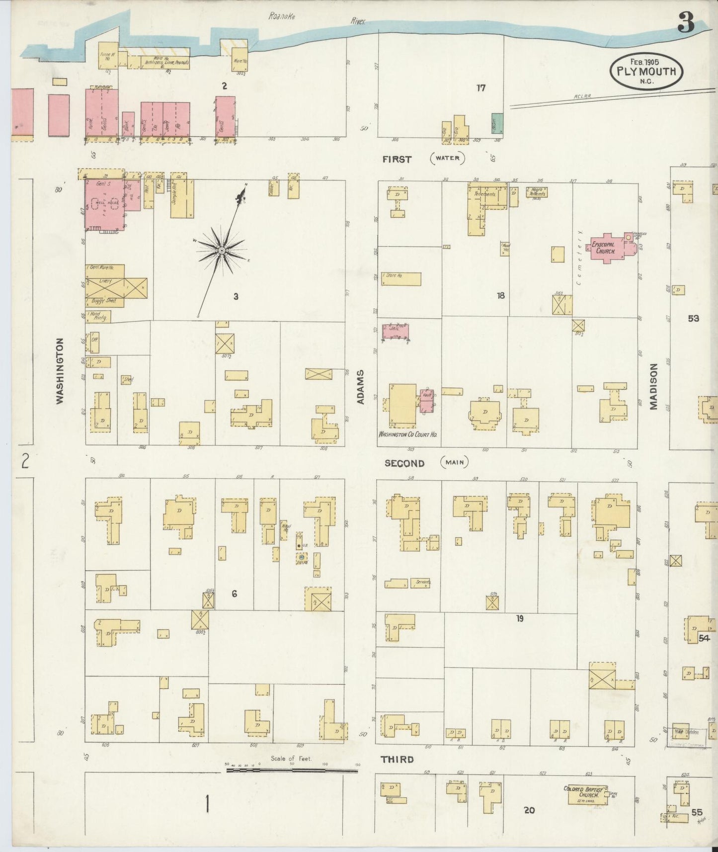 Sanborn Fire Insurance Map from Plymouth, Washington County, North Carolina (1905), Sheet #0003 - Historic Sanborn Fire Insurance Map Print, vintage old map wall art, antique decor, genealogy gift, North Carolina North Carolina map