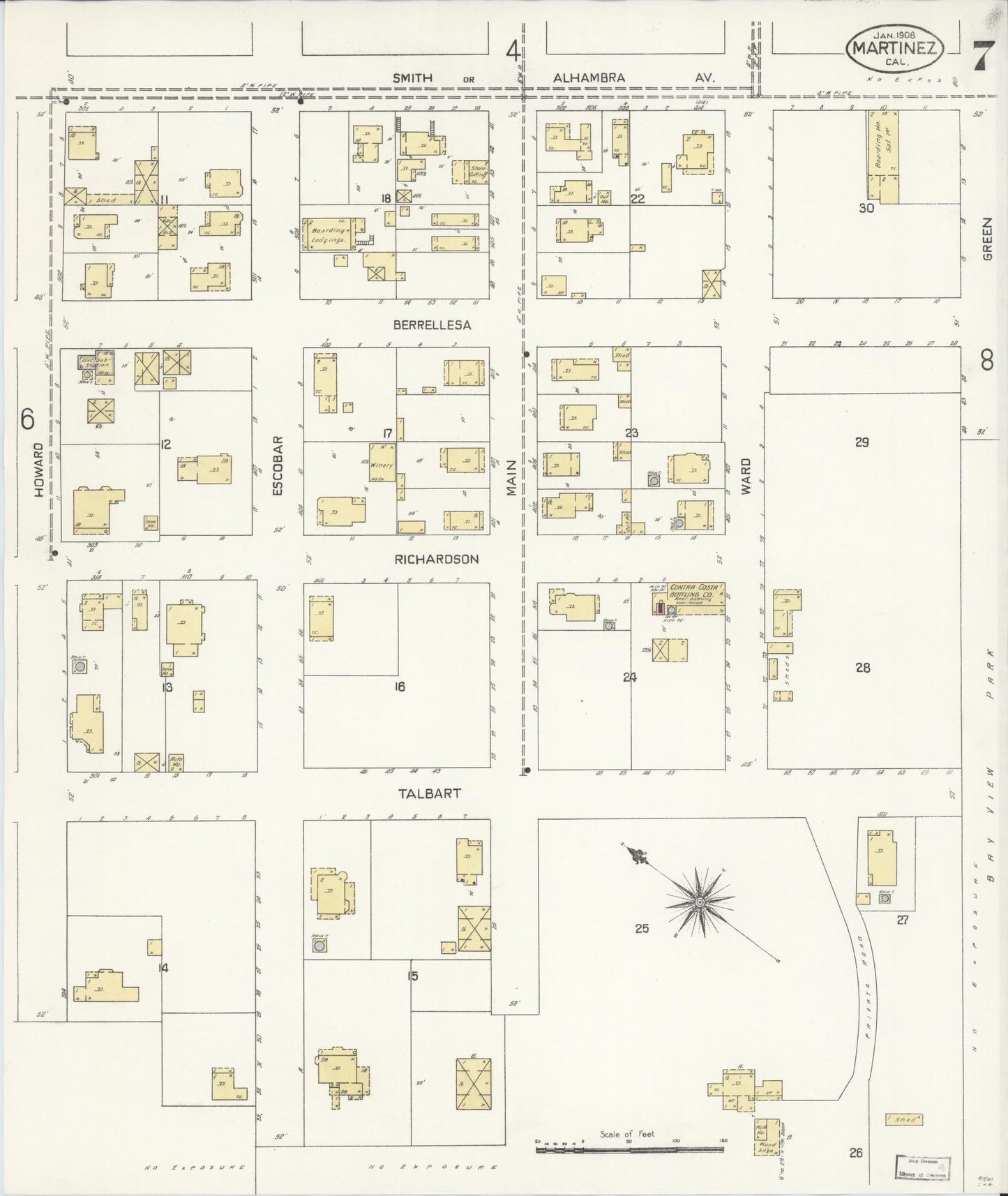Sanborn Fire Insurance Map from Martinez, Contra Costa County, California (1908), Sheet #0007 - Historic Sanborn Fire Insurance Map Print, vintage old map wall art, antique decor, genealogy gift, California California map