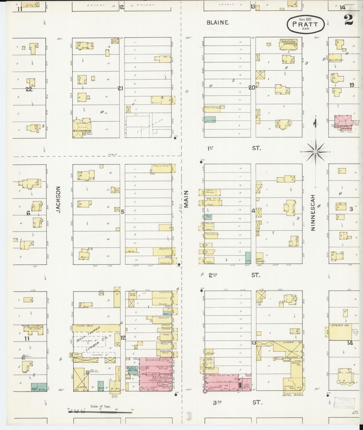 Sanborn Fire Insurance Map from Pratt, Pratt County, Kansas (1892), Sheet #0002 - Historic Sanborn Fire Insurance Map Print, vintage old map wall art, antique decor, genealogy gift, Kansas Kansas map