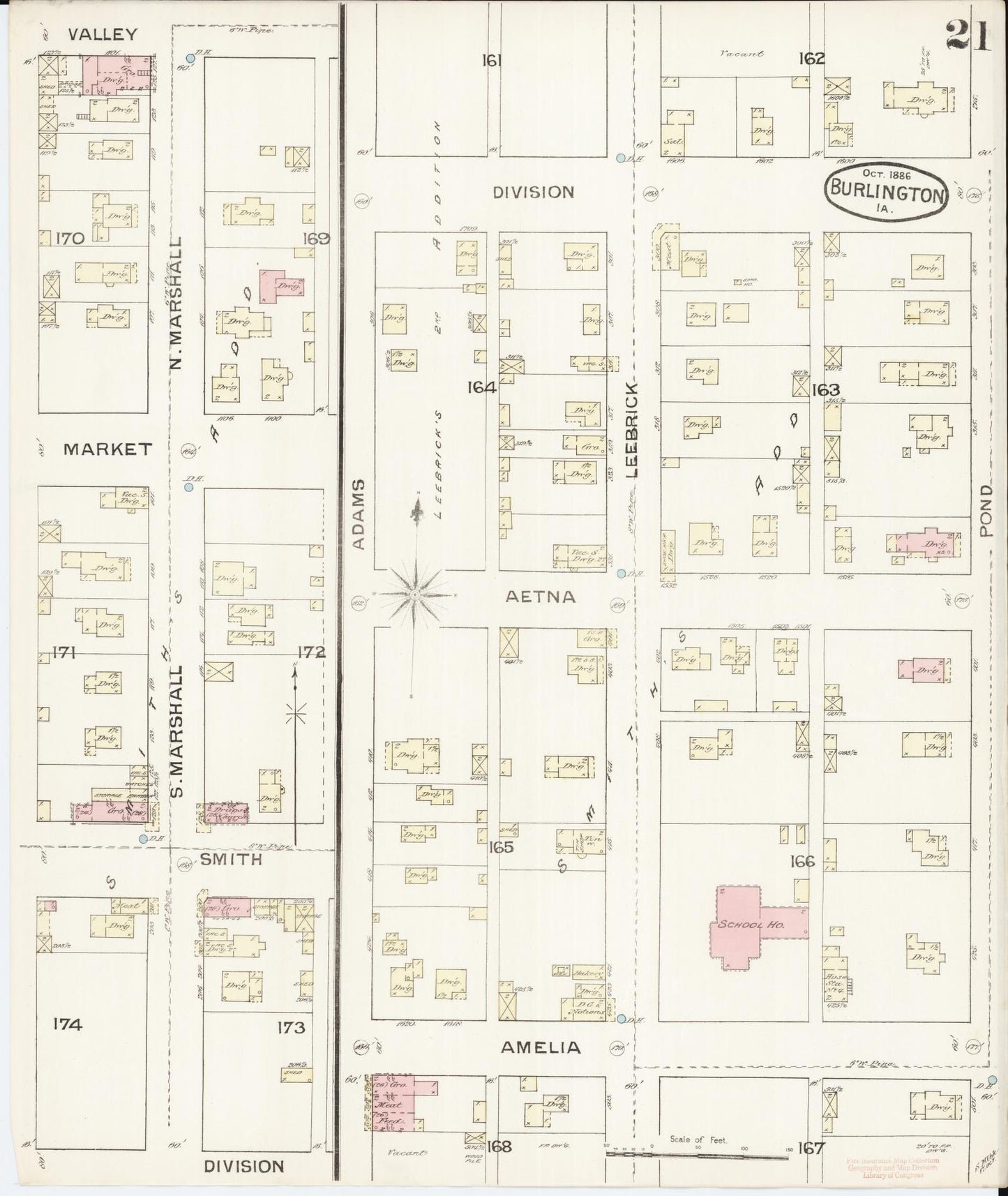 Sanborn Fire Insurance Map from Burlington, Des Moines County, Iowa (1888), Sheet #0021 - Historic Sanborn Fire Insurance Map Print, vintage old map wall art