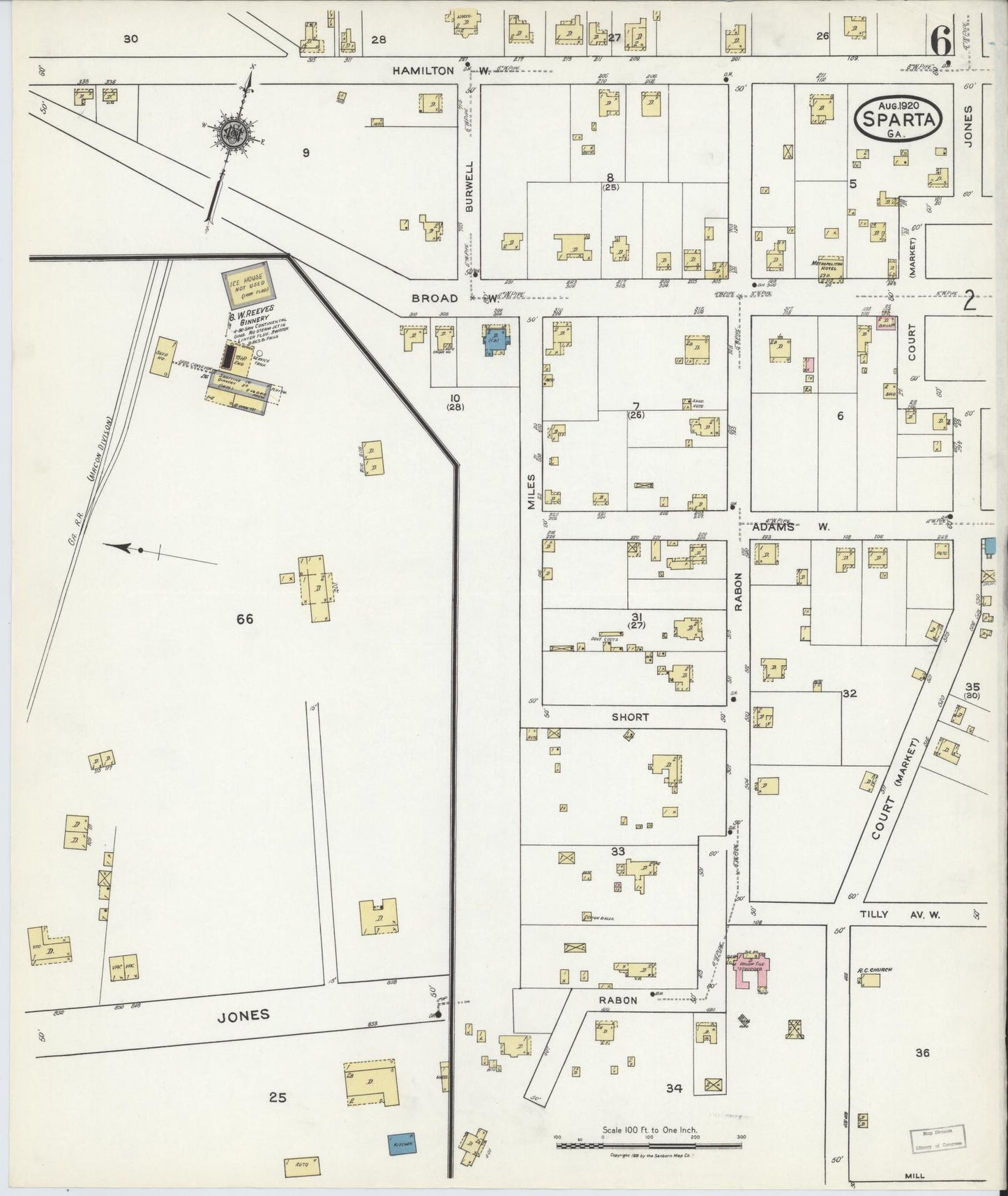 Sanborn Fire Insurance Map from Sparta, Hancock County, Georgia (1920), Sheet #0006 - Historic Sanborn Fire Insurance Map Print, vintage old map wall art, antique decor, genealogy gift, Georgia Georgia map