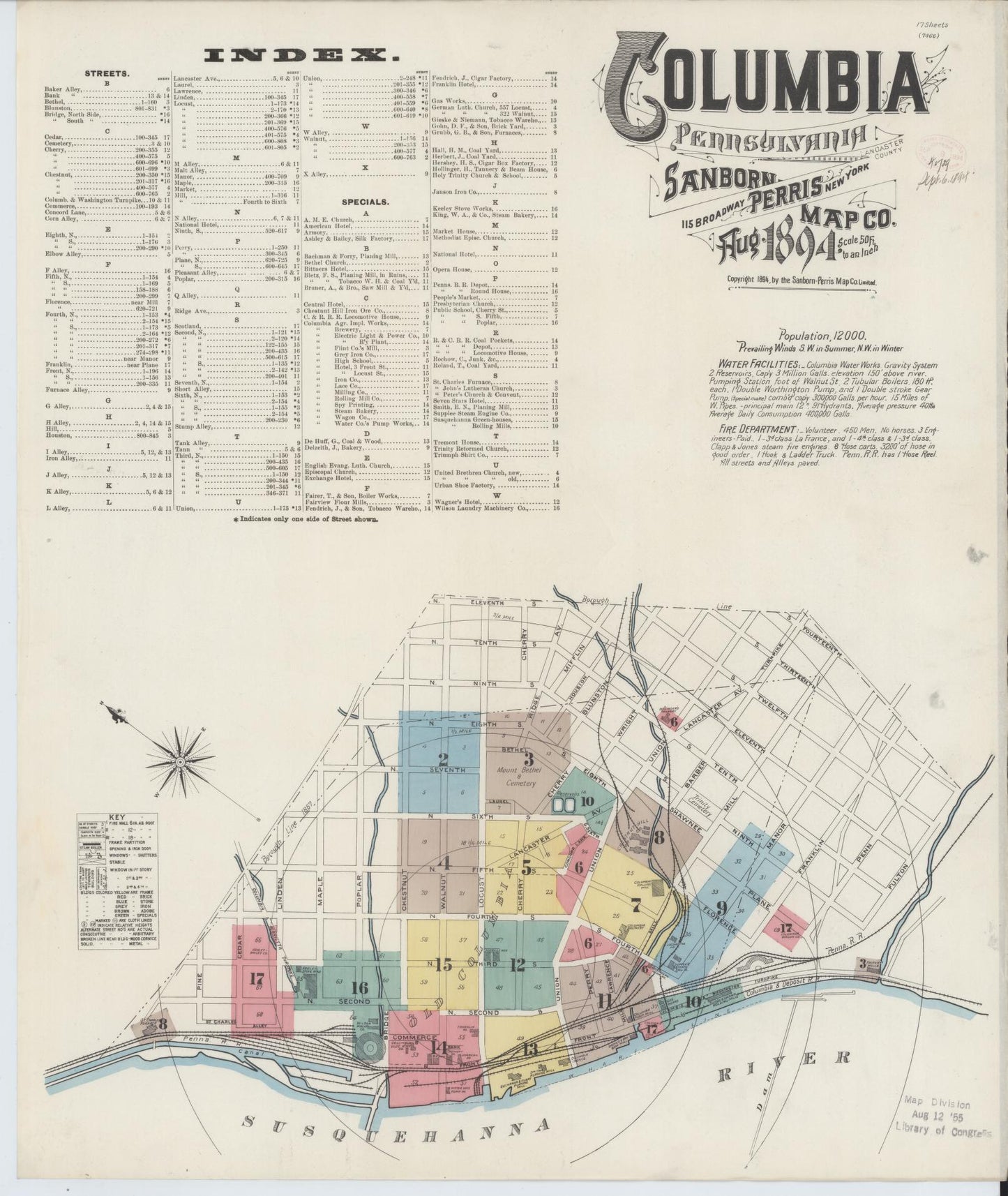 Sanborn Fire Insurance Map from Columbia, Lancaster County, Pennsylvania (1894), Sheet #0001 - Historic Sanborn Fire Insurance Map Print, vintage old map wall art, antique decor, genealogy gift, Pennsylvania Pennsylvania map
