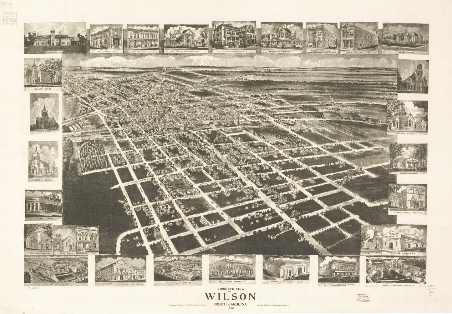 Birds eye view of Wilson, North Carolina 1908. (1908) – Historic Bird’s-Eye View Panorama Print