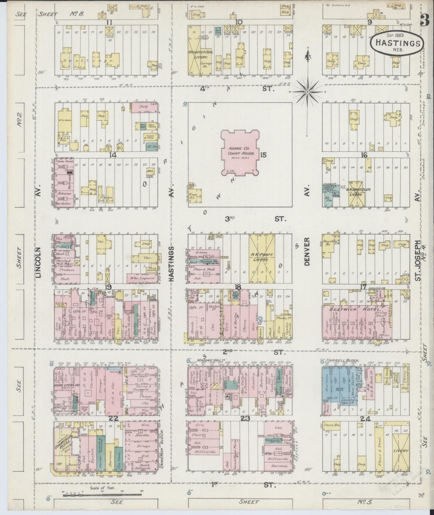 Sanborn Fire Insurance Map from Hastings, Adams County, Nebraska (1889), Sheet #0003 - Historic Sanborn Fire Insurance Map Print, vintage old map wall art, antique decor, genealogy gift, Nebraska Nebraska map