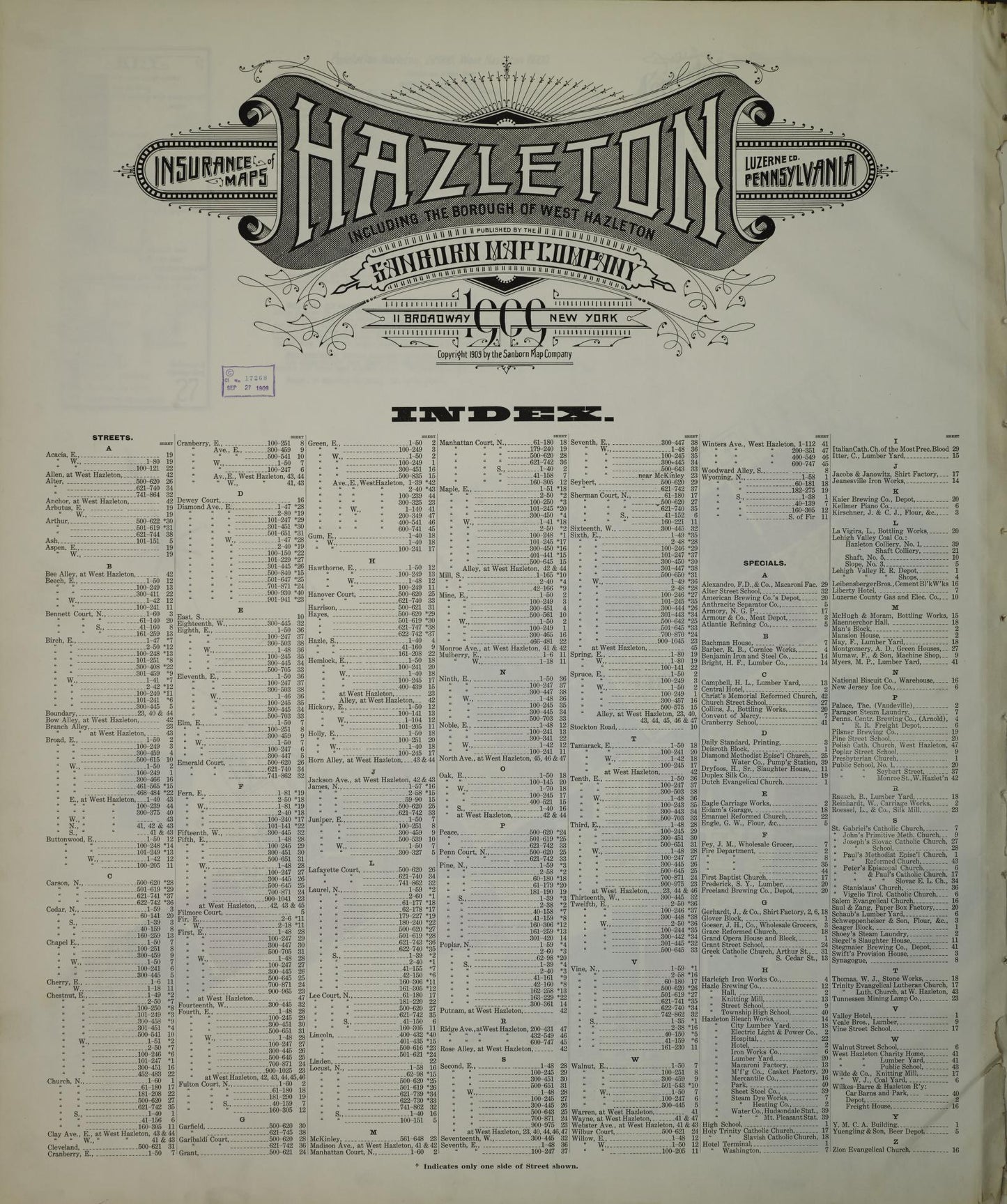 Sanborn Fire Insurance Map from Hazleton, Luzerne County, Pennsylvania. (1909) – Historic Sanborn Fire Insurance Map Print
