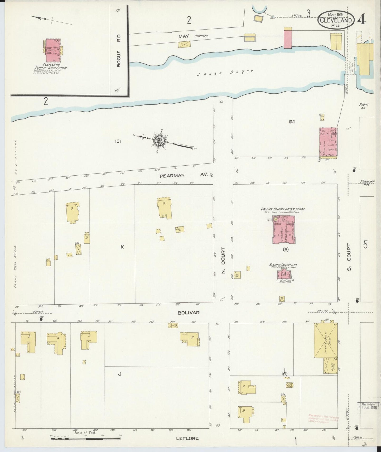 Sanborn Fire Insurance Map from Cleveland, Bolivar County, Mississippi (1913), Sheet #0004 - Historic Sanborn Fire Insurance Map Print, vintage old map wall art, antique decor, genealogy gift, Mississippi Mississippi map