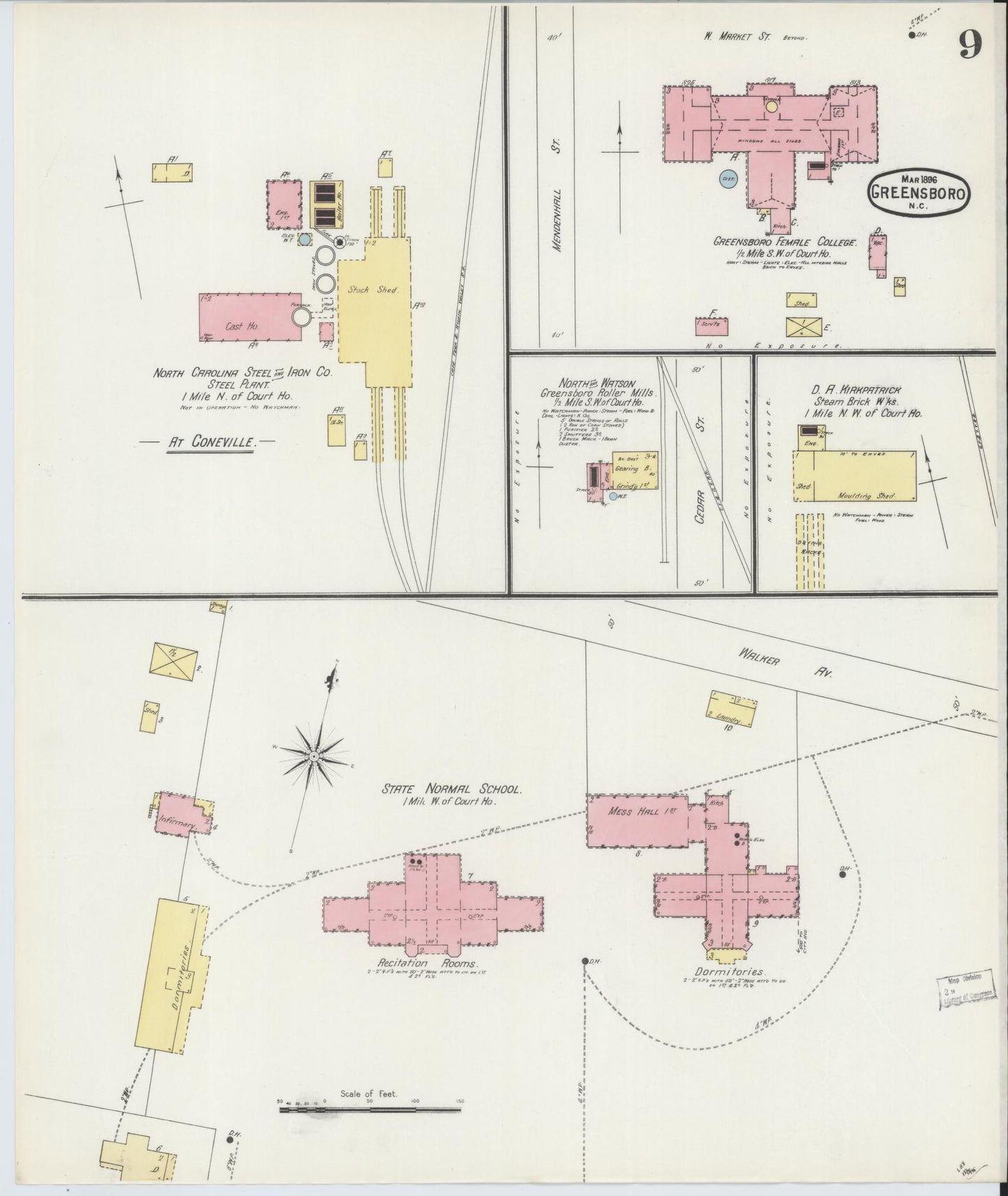 Sanborn Fire Insurance Map from Greensboro, Guilford County, North Carolina (1896), Sheet #0009 - Historic Sanborn Fire Insurance Map Print, vintage old map wall art, antique decor, genealogy gift, North Carolina North Carolina map