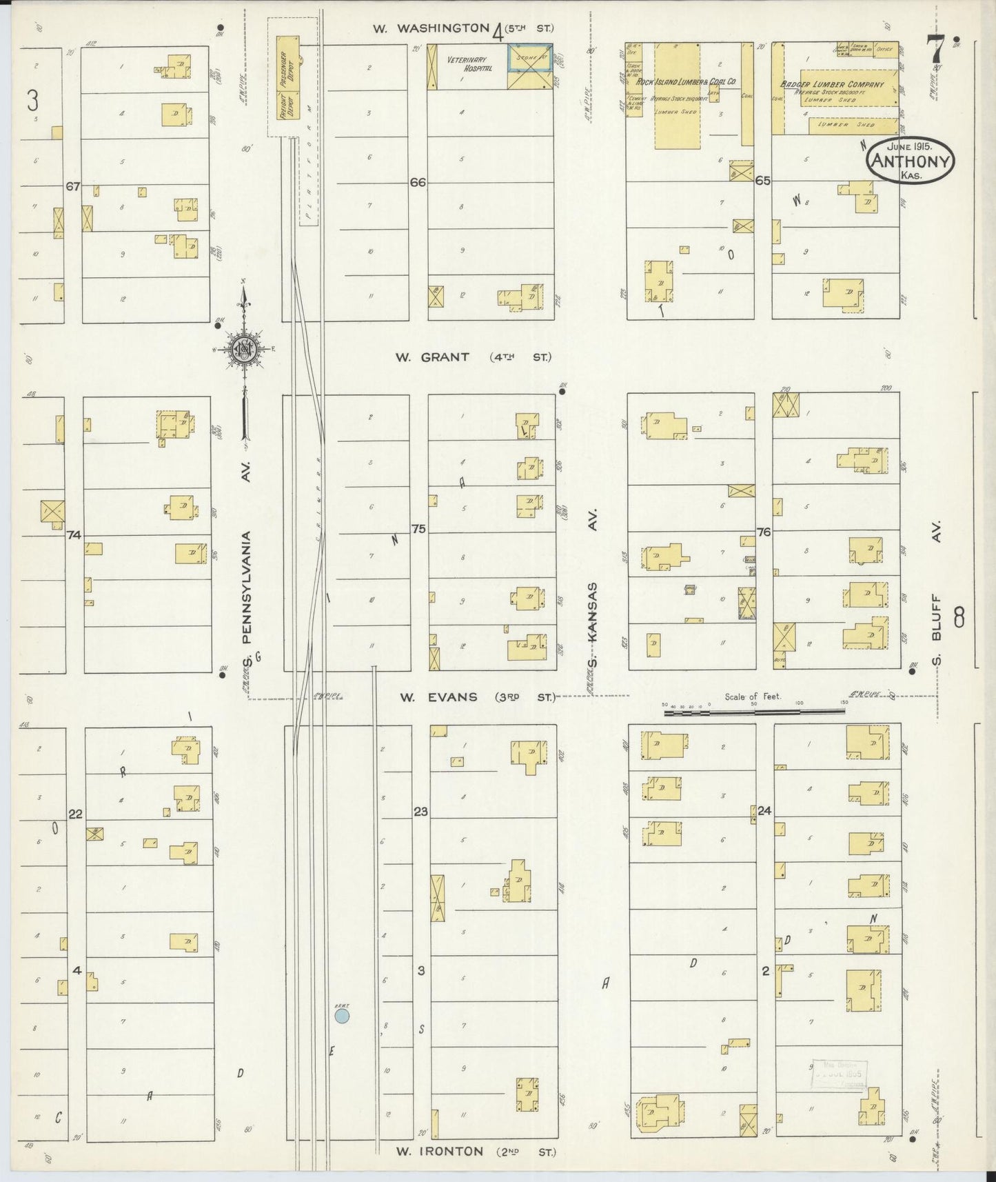 Sanborn Fire Insurance Map from Anthony, Harper County, Kansas (1915), Sheet #0007 - Historic Sanborn Fire Insurance Map Print, vintage old map wall art, antique decor, genealogy gift, Kansas Kansas map