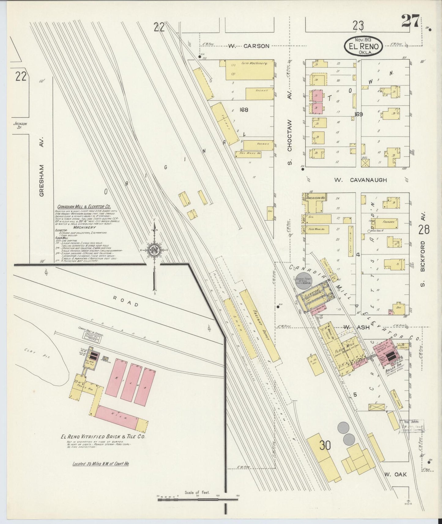 Sanborn Fire Insurance Map from El Reno, Canadian County, Oklahoma (1913), Sheet #0027 - Historic Sanborn Fire Insurance Map Print, vintage old map wall art, antique decor, genealogy gift, Oklahoma Oklahoma map