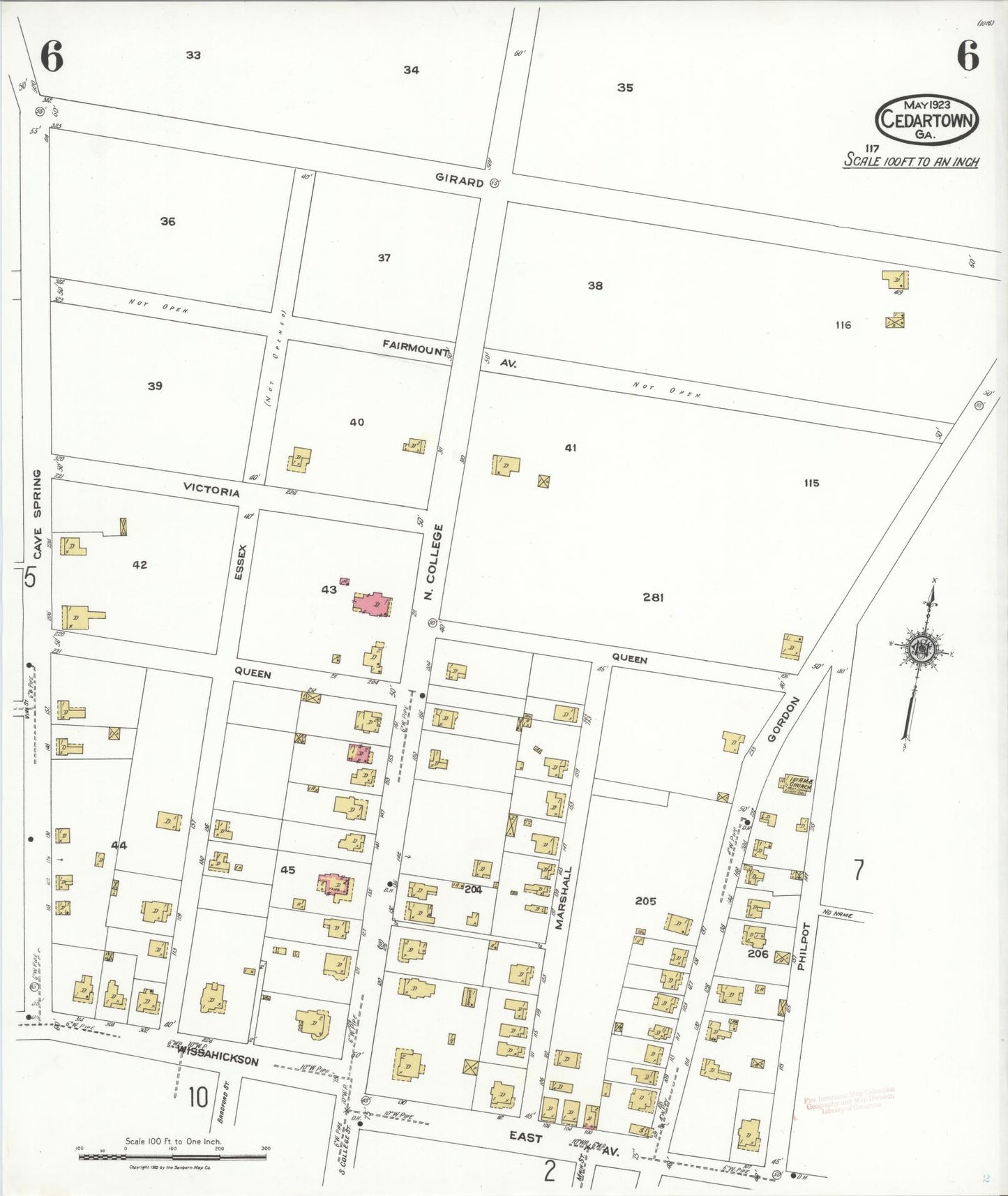 Sanborn Fire Insurance Map from Cedartown, Polk County, Georgia (1923), Sheet #0006 - Historic Sanborn Fire Insurance Map Print, vintage old map wall art, antique decor, genealogy gift, Georgia Georgia map