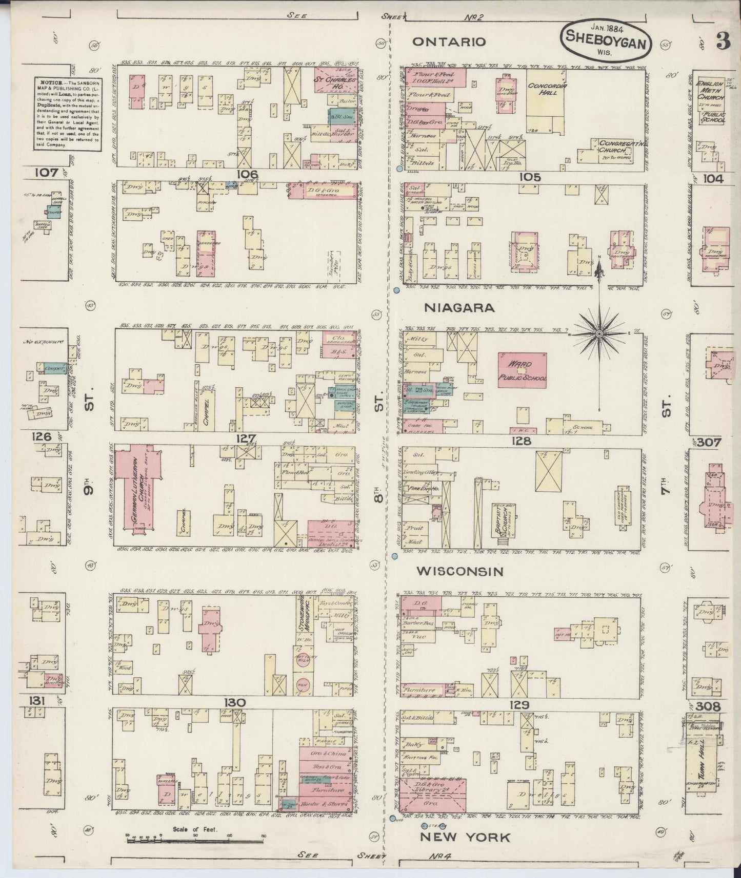 Sanborn Fire Insurance Map from Sheboygan, Sheboygan County, Wisconsin (1884), Sheet #0003 - Historic Sanborn Fire Insurance Map Print, vintage old map wall art, antique decor, genealogy gift, Wisconsin Wisconsin map