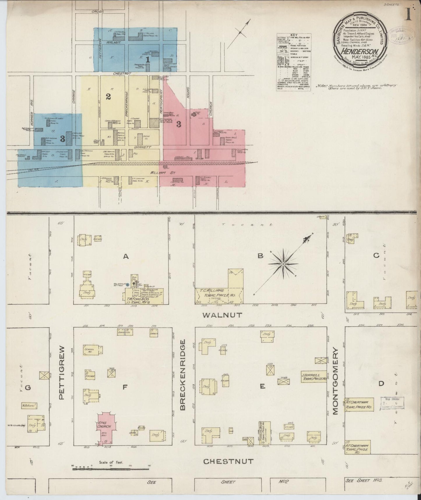 Sanborn Fire Insurance Map from Henderson, Vance County, North Carolina (1885), Sheet #0001 - Historic Sanborn Fire Insurance Map Print, vintage old map wall art, antique decor, genealogy gift, North Carolina North Carolina map