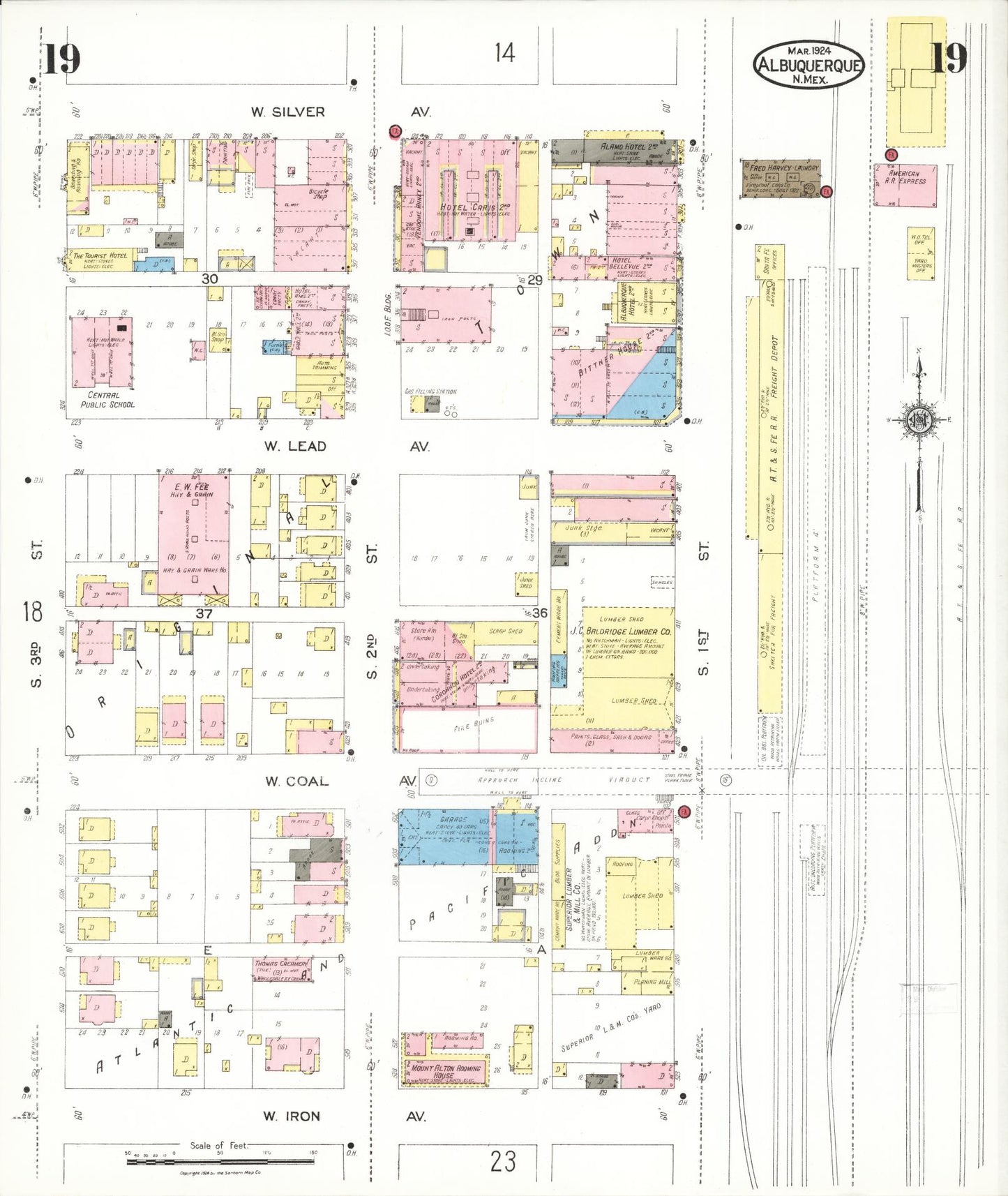 Sanborn Fire Insurance Map from Albuquerque, Bernalillo County, New Mexico (1924), Sheet #0019 - Historic Sanborn Fire Insurance Map Print, vintage old map wall art, antique decor, genealogy gift, New Mexico New Mexico map