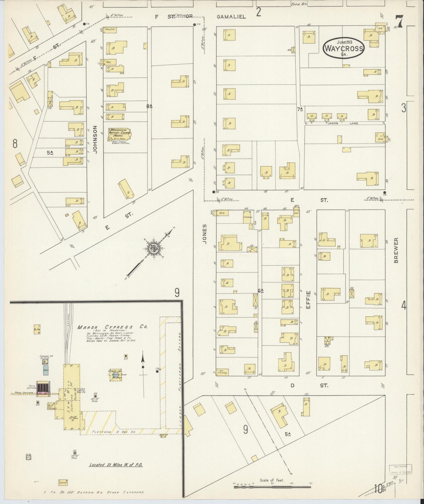 Sanborn Fire Insurance Map from Waycross, Ware County, Georgia (1913), Sheet #0007 - Historic Sanborn Fire Insurance Map Print, vintage old map wall art, antique decor, genealogy gift, Georgia Georgia map
