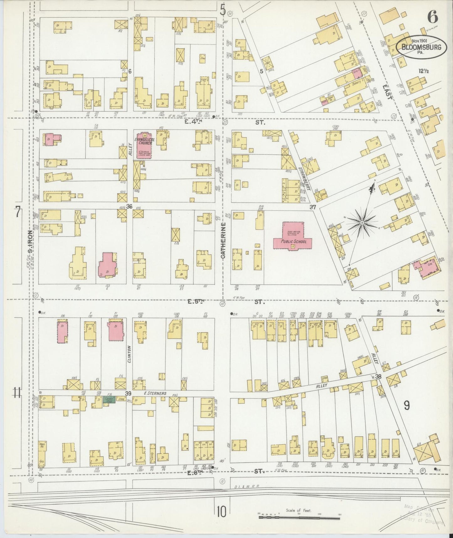 Sanborn Fire Insurance Map from Bloomsburg, Columbia County, Pennsylvania (1901), Sheet #0006 - Historic Sanborn Fire Insurance Map Print, vintage old map wall art, antique decor, genealogy gift, Pennsylvania Pennsylvania map