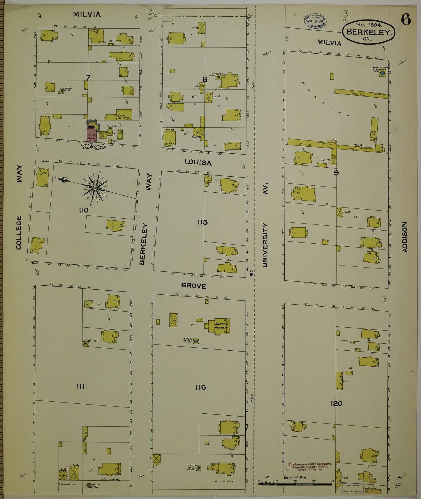 Sanborn Fire Insurance Map from Berkeley, Alameda County, California (1894), Sheet #0006 - Historic Sanborn Fire Insurance Map Print, vintage old map wall art, antique decor, genealogy gift, California California map