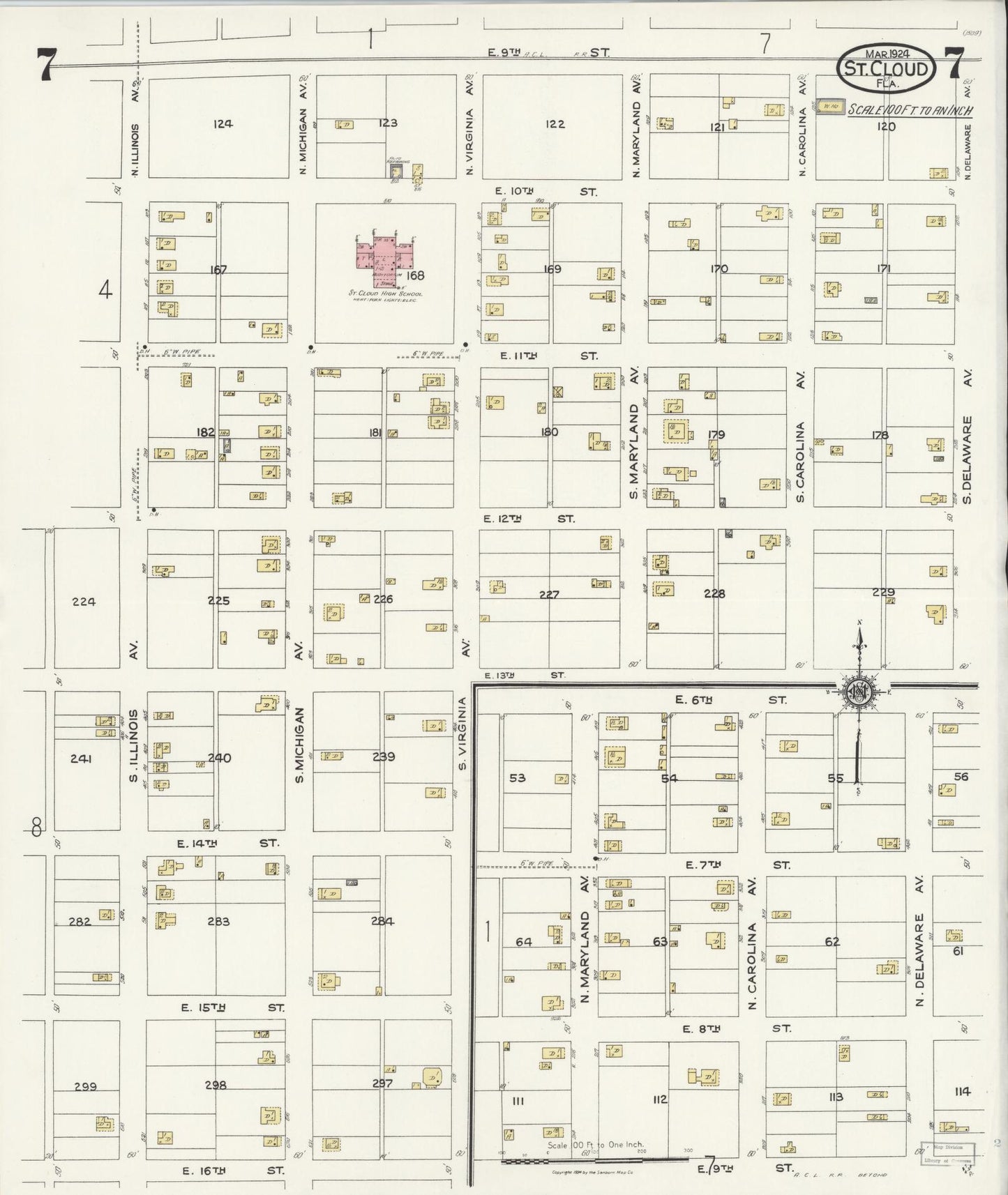 Sanborn Fire Insurance Map from Saint Cloud, Osceola County, Florida (1924), Sheet #0007 - Historic Sanborn Fire Insurance Map Print, vintage old map wall art, antique decor, genealogy gift, Florida Florida map