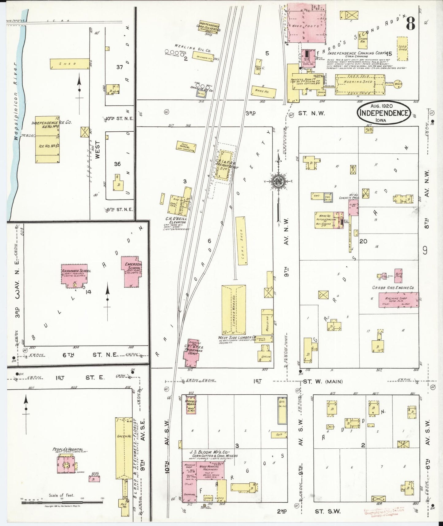 Sanborn Fire Insurance Map from Independence, Buchanan County, Iowa (1920), Sheet #0008 - Historic Sanborn Fire Insurance Map Print, vintage old map wall art