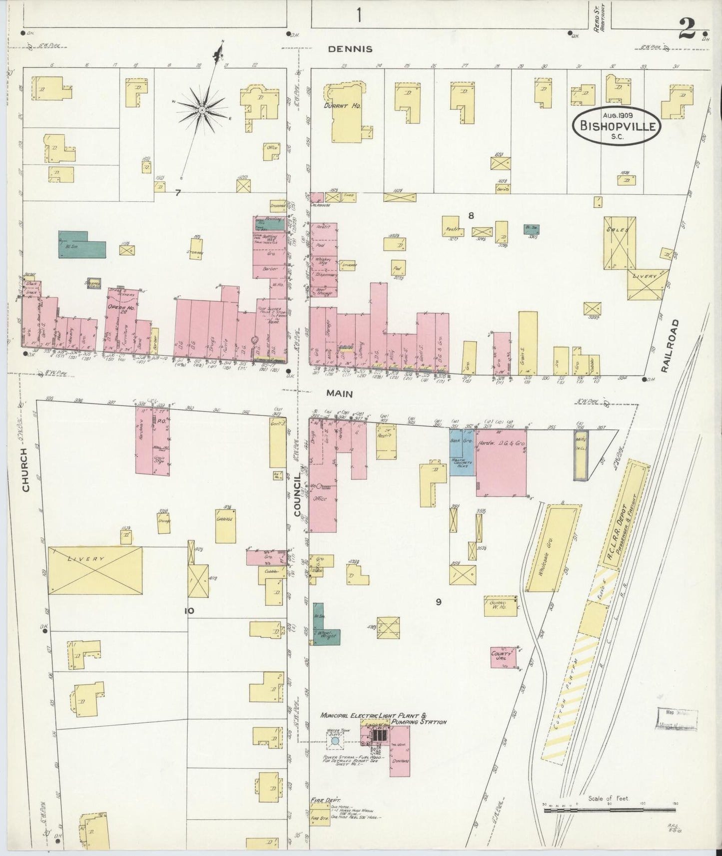 Sanborn Fire Insurance Map from Bishopville, Lee County, South Carolina (1909), Sheet #0002 - Historic Sanborn Fire Insurance Map Print, vintage old map wall art, antique decor, genealogy gift, South Carolina South Carolina map