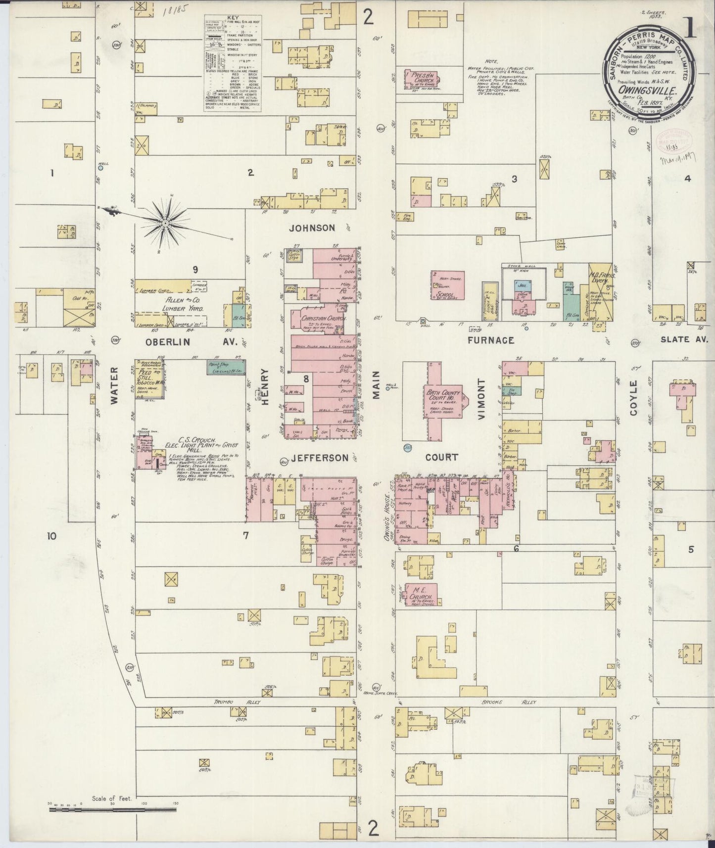 Sanborn Fire Insurance Map from Owingsville, Bath County, Kentucky (1897), Sheet #0001 - Historic Sanborn Fire Insurance Map Print, vintage old map wall art, antique decor, genealogy gift, Kentucky Kentucky map