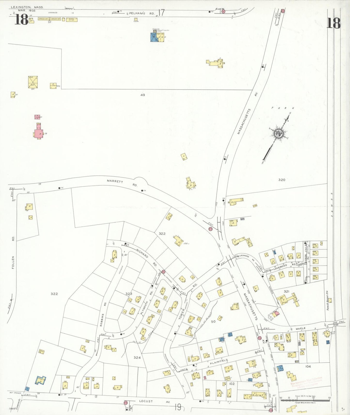 Sanborn Fire Insurance Map from Lexington, Middlesex County, Massachusetts (1935), Sheet #0018 - Historic Sanborn Fire Insurance Map Print, vintage old map wall art, antique decor, genealogy gift, Massachusetts Massachusetts map