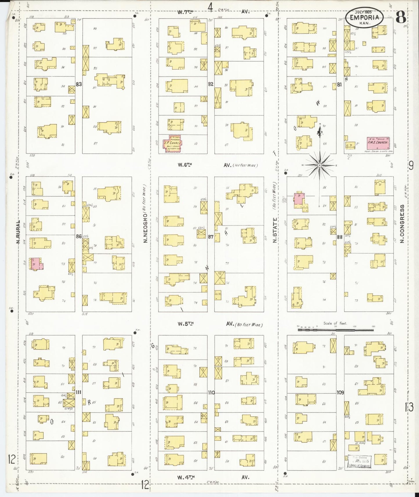 Sanborn Fire Insurance Map from Emporia, Lyon County, Kansas (1905), Sheet #0008 - Historic Sanborn Fire Insurance Map Print, vintage old map wall art, antique decor, genealogy gift, Kansas Kansas map