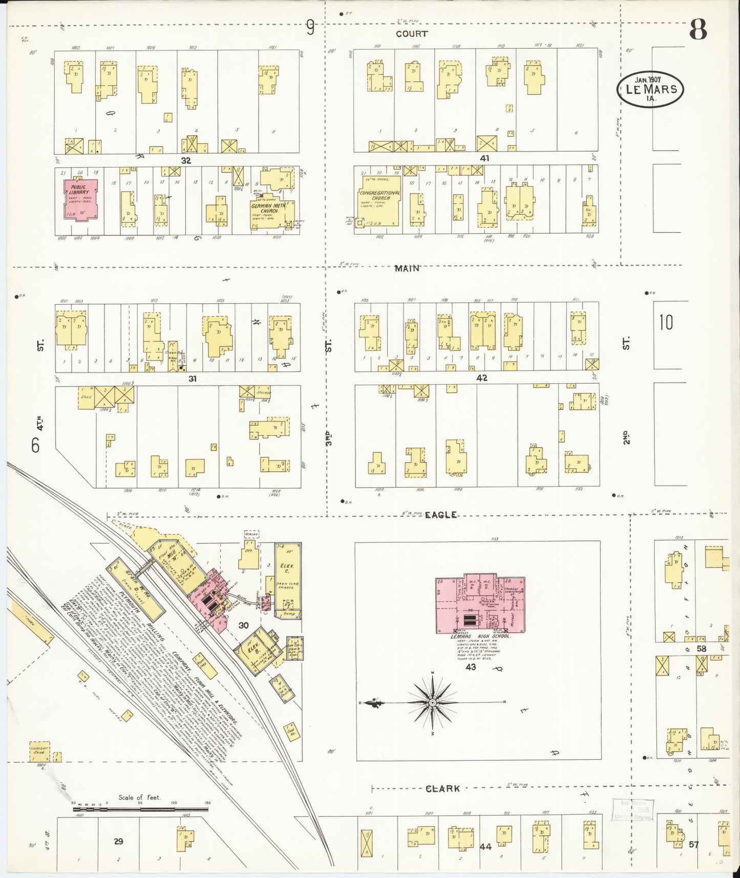 Sanborn Fire Insurance Map from Le Mars, Plymouth County, Iowa (1907), Sheet #0008 - Historic Sanborn Fire Insurance Map Print, vintage old map wall art
