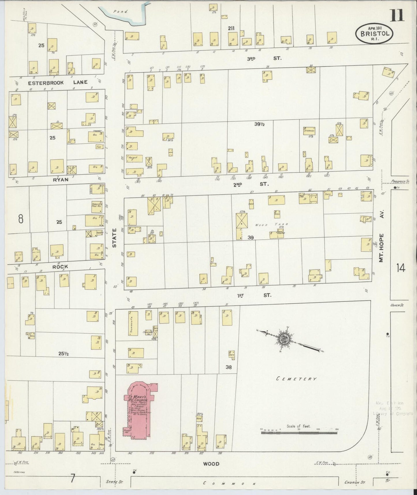 Sanborn Fire Insurance Map from Bristol, Bristol County, Rhode Island (1911), Sheet #0011 - Historic Sanborn Fire Insurance Map Print, vintage old map wall art, antique decor, genealogy gift, Rhode Island Rhode Island map