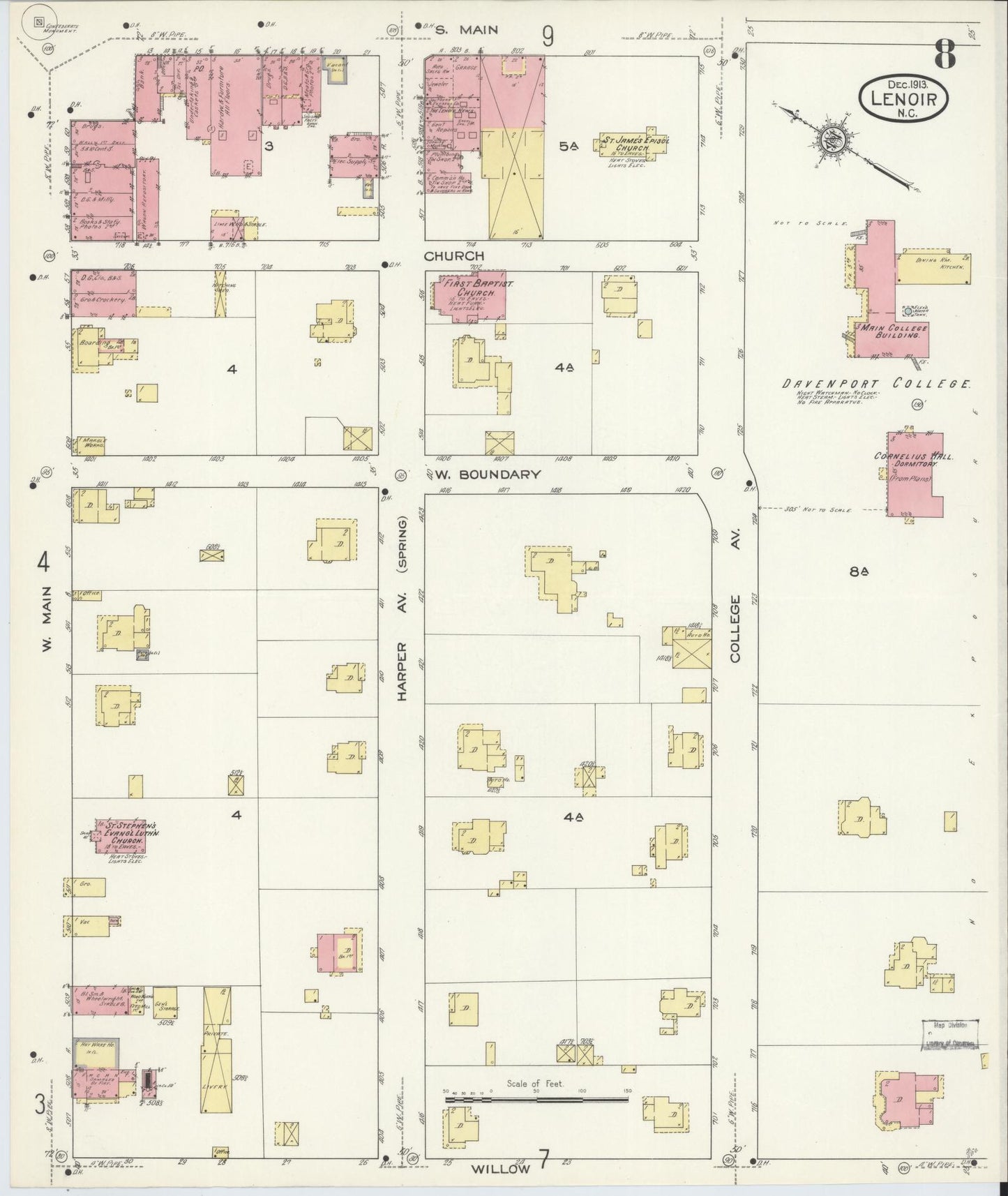 Sanborn Fire Insurance Map from Lenoir, Caldwell County, North Carolina (1913), Sheet #0008 - Historic Sanborn Fire Insurance Map Print, vintage old map wall art, antique decor, genealogy gift, North Carolina North Carolina map
