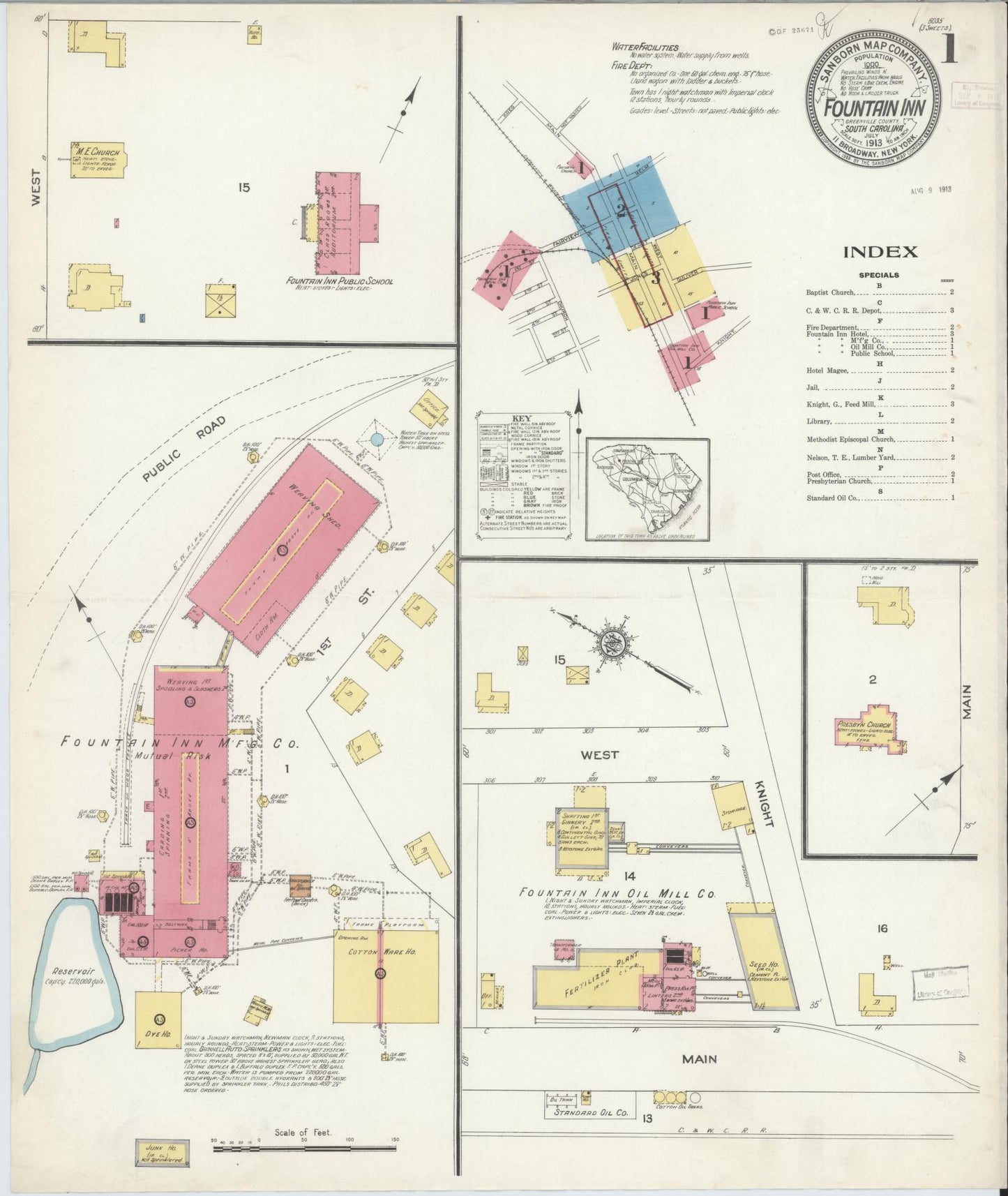 Sanborn Fire Insurance Map from Fountain Inn, Greenville And Laurens County, South Carolina (1913), Sheet #0001 - Historic Sanborn Fire Insurance Map Print, vintage old map wall art, antique decor, genealogy gift, South Carolina South Carolina map