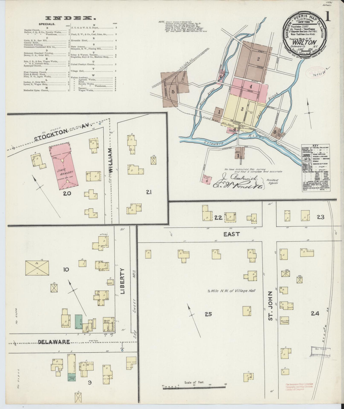 Sanborn Fire Insurance Map from Walton, Delaware County, New York (1891), Sheet #0001 - Historic Sanborn Fire Insurance Map Print, vintage old map wall art, antique decor, genealogy gift, Walton Delaware map