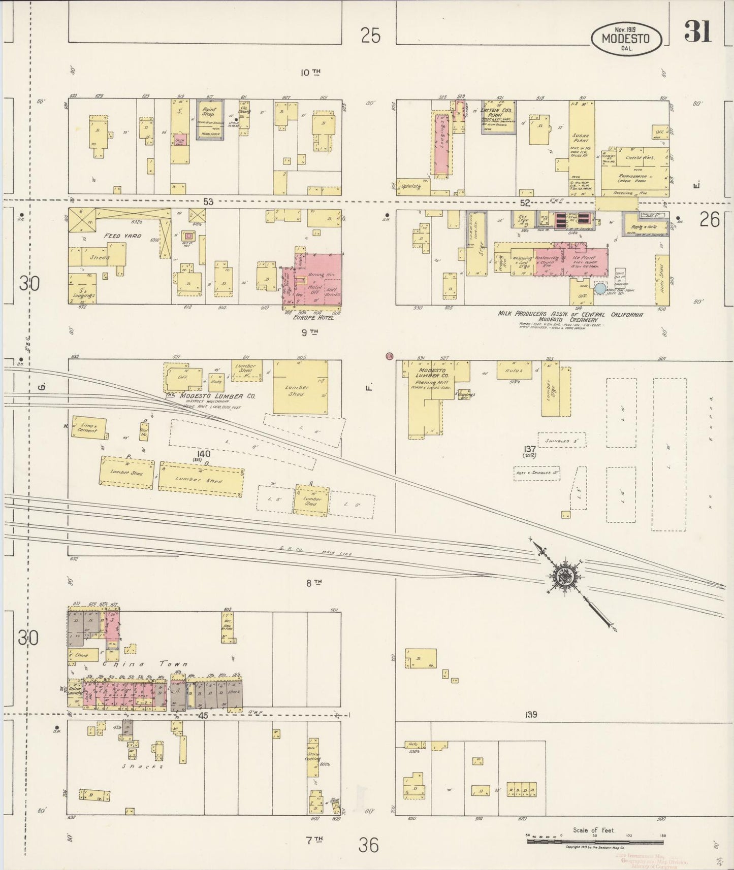 Sanborn Fire Insurance Map from Modesto, Stanislaus County, California (1919), Sheet #0031 - Historic Sanborn Fire Insurance Map Print, vintage old map wall art, antique decor, genealogy gift, California California map