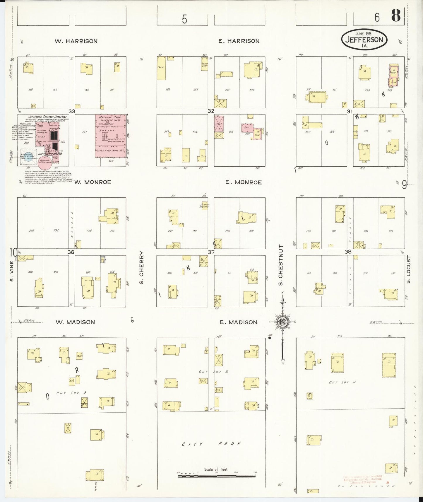 Sanborn Fire Insurance Map from Jefferson, Greene County, Iowa (1915), Sheet #0008 - Historic Sanborn Fire Insurance Map Print, vintage old map wall art
