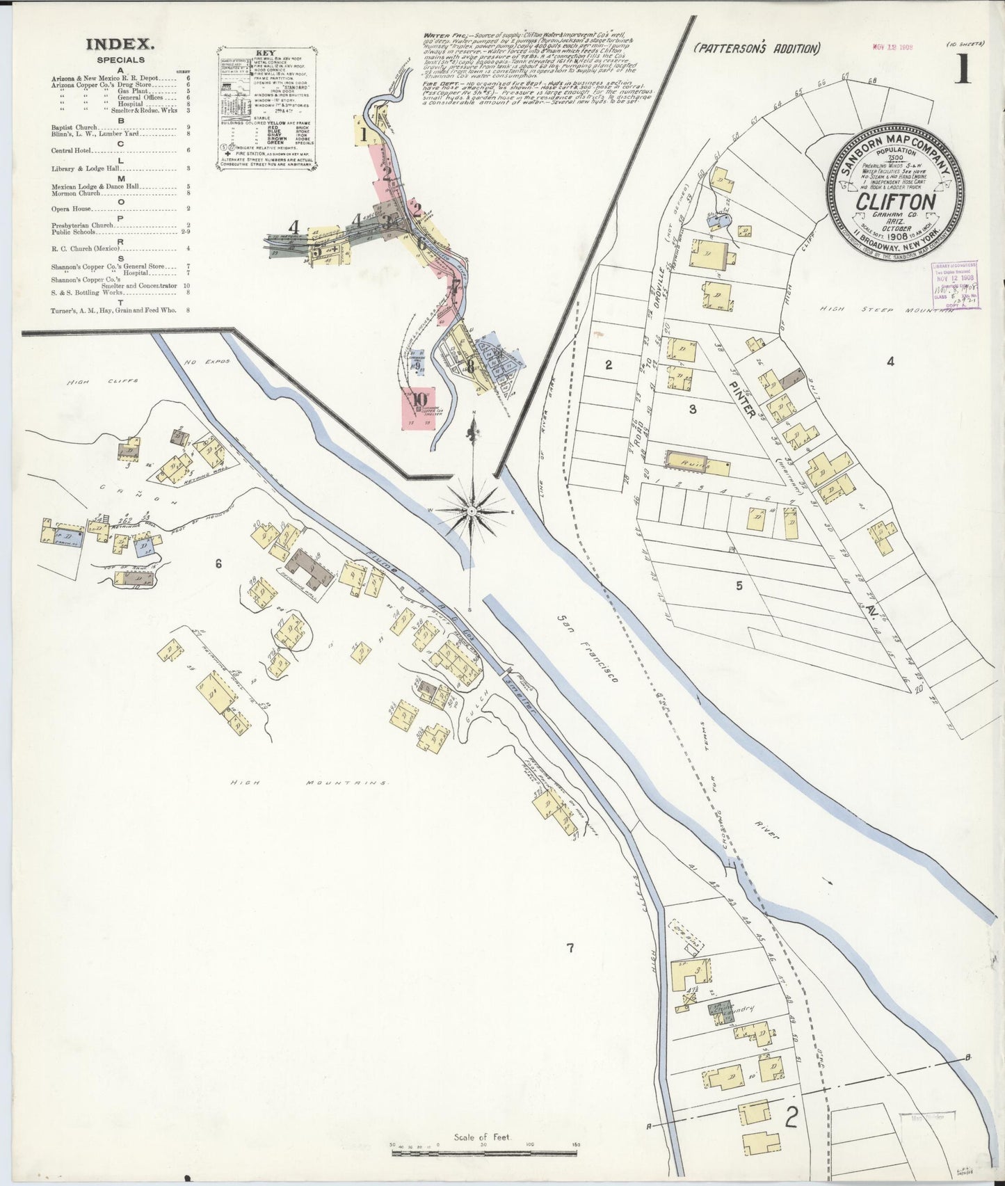 Sanborn Fire Insurance Map from Clifton, Greenlee County, Arizona (1908), Sheet #0001 - Historic Sanborn Fire Insurance Map Print, vintage old map wall art, antique decor, genealogy gift, Arizona Arizona map
