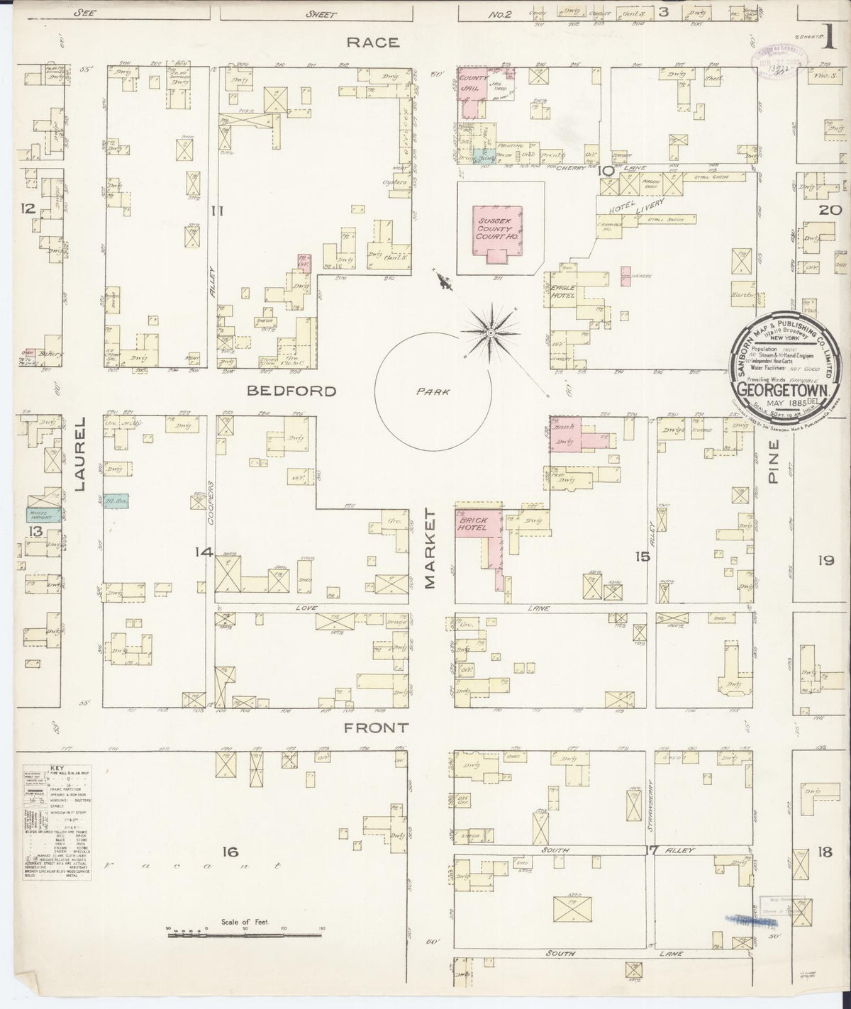 Sanborn Fire Insurance Map from Georgetown, Sussex County, Delaware (1885), Sheet #0001 - Historic Sanborn Fire Insurance Map Print, vintage old map wall art, antique decor, genealogy gift, Delaware Delaware map