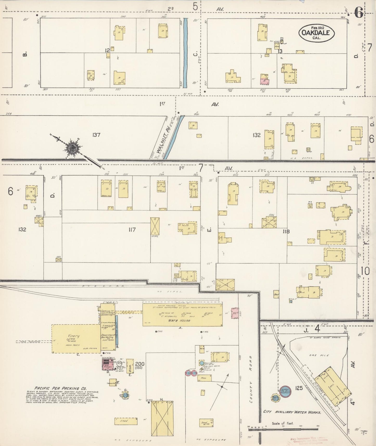 Sanborn Fire Insurance Map from Oakdale, Stanislaus County, California (1912), Sheet #0006 - Historic Sanborn Fire Insurance Map Print, vintage old map wall art, antique decor, genealogy gift, California California map