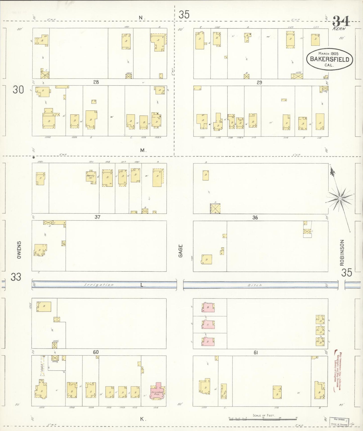 Sanborn Fire Insurance Map from Bakersfield, Kern County, California (1905), Sheet #0034 - Historic Sanborn Fire Insurance Map Print, vintage old map wall art, antique decor, genealogy gift, California California map