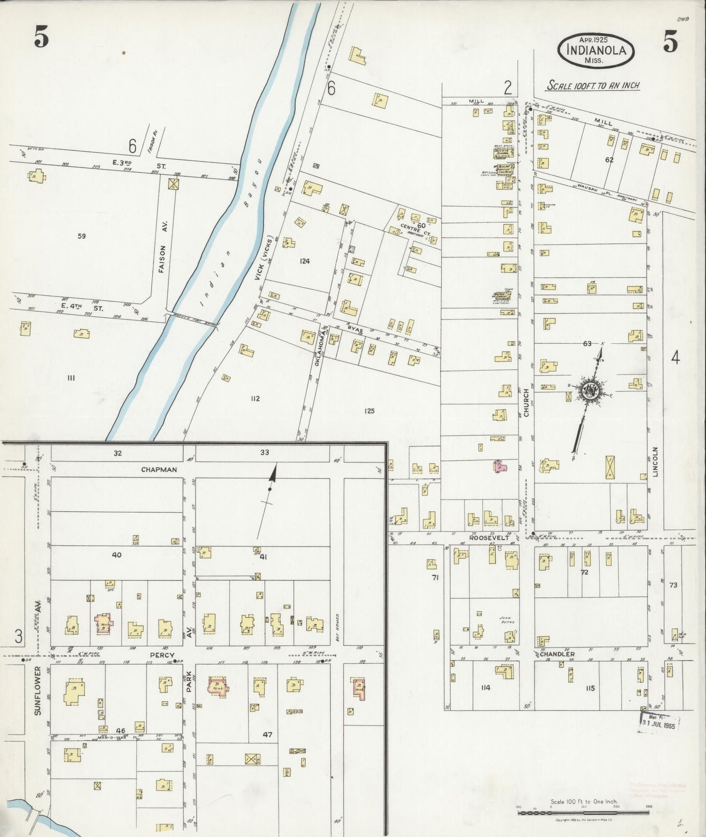 Sanborn Fire Insurance Map from Indianola, Sunflower County, Mississippi (1925), Sheet #0005 - Historic Sanborn Fire Insurance Map Print, vintage old map wall art, antique decor, genealogy gift, Mississippi Mississippi map