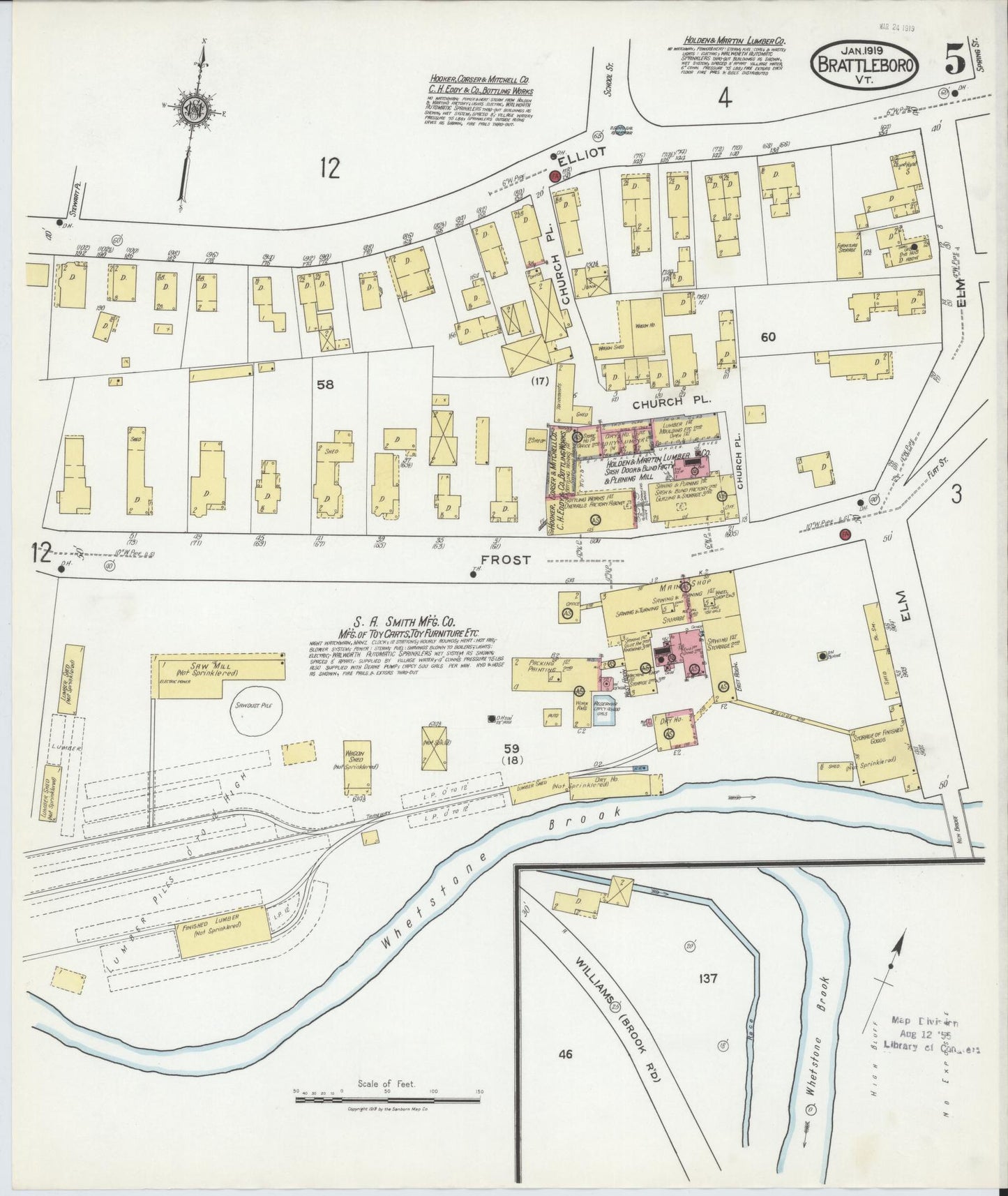 Sanborn Fire Insurance Map from Brattleboro, Windham County, Vermont (1919), Sheet #0005 - Historic Sanborn Fire Insurance Map Print, vintage old map wall art, antique decor, genealogy gift, Vermont Vermont map