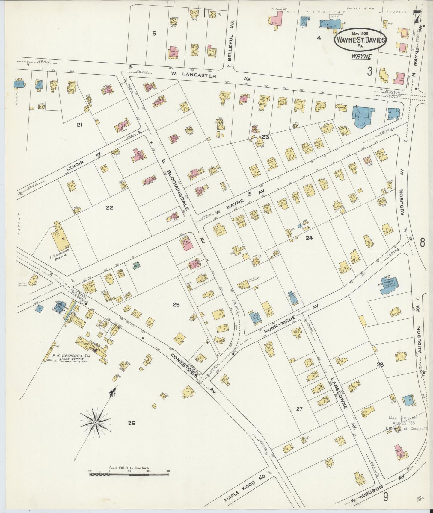 Sanborn Fire Insurance Map from Wayne, Delaware County, Pennsylvania (1909), Sheet #0007 - Historic Sanborn Fire Insurance Map Print, vintage old map wall art, antique decor, genealogy gift, Wayne Delaware map