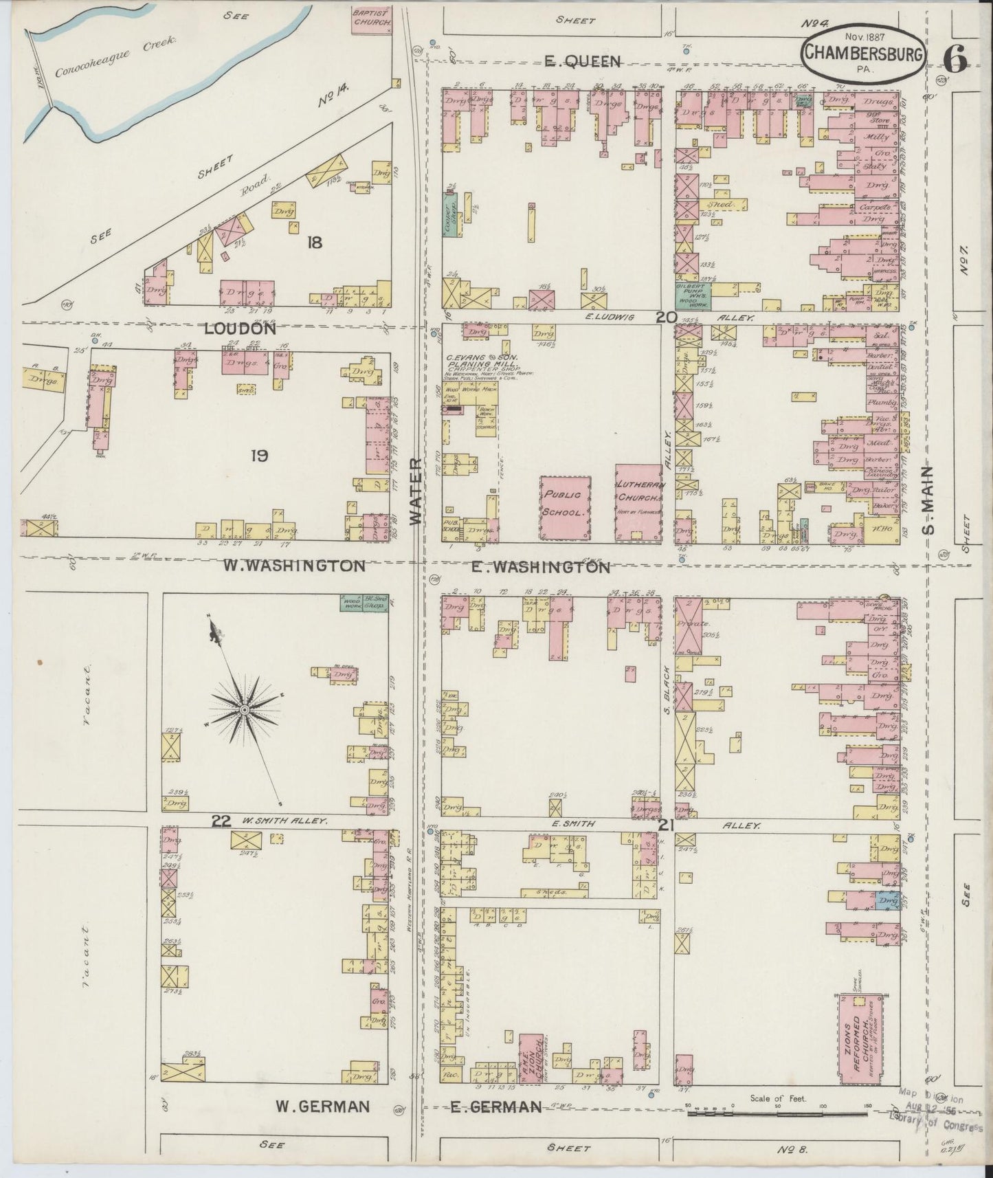 Sanborn Fire Insurance Map from Chambersburg, Franklin County, Pennsylvania (1887), Sheet #0006 - Historic Sanborn Fire Insurance Map Print, vintage old map wall art, antique decor, genealogy gift, Pennsylvania Pennsylvania map