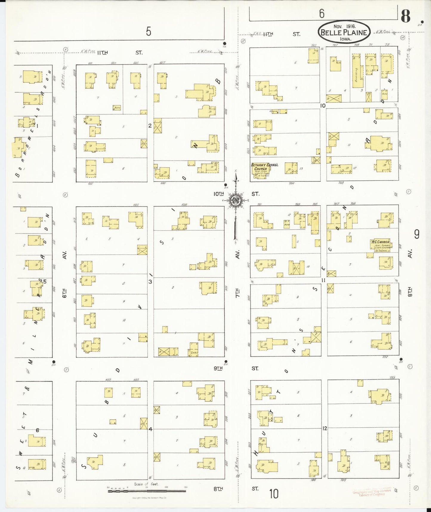 Sanborn Fire Insurance Map from Belle Plaine, Benton County, Iowa (1916), Sheet #0008 - Historic Sanborn Fire Insurance Map Print, vintage old map wall art