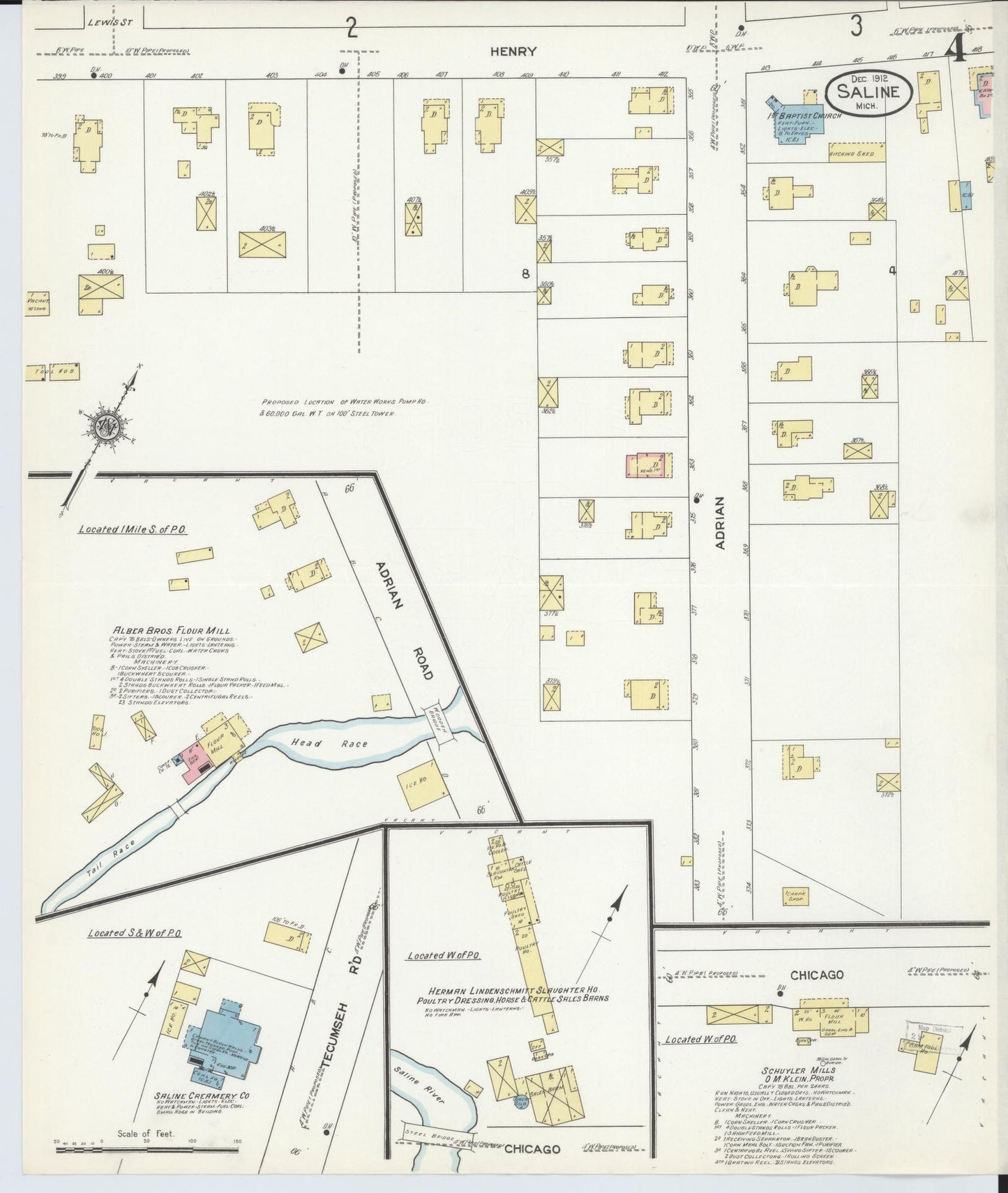 Sanborn Fire Insurance Map from Saline, Washtenaw County, Michigan (1912), Sheet #0004 - Complete Map Set gallery image, historic Sanborn map, vintage wall art, Michigan Michigan