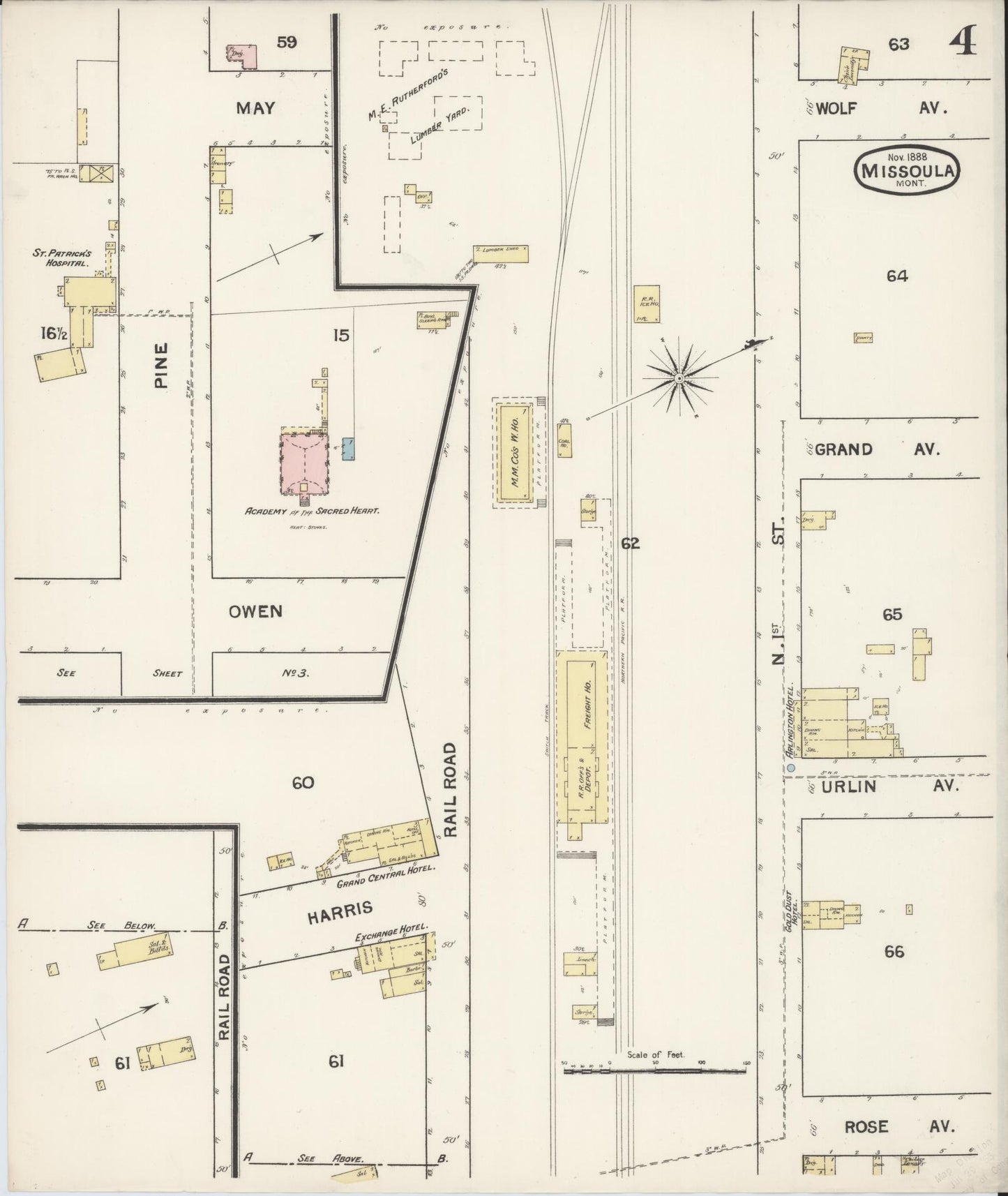 Sanborn Fire Insurance Map from Missoula, Missoula County, Montana (1888), Sheet #0004 - Historic Sanborn Fire Insurance Map Print, vintage old map wall art, antique decor, genealogy gift, Montana Montana map
