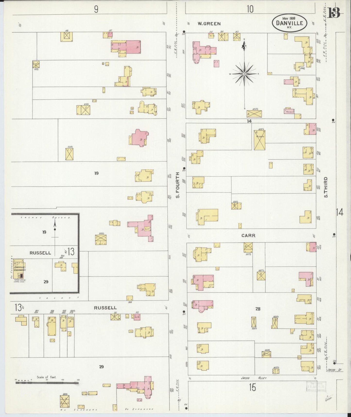 Sanborn Fire Insurance Map from Danville, Boyle County, Kentucky (1908), Sheet #0013 - Historic Sanborn Fire Insurance Map Print, vintage old map wall art, antique decor, genealogy gift, Kentucky Kentucky map