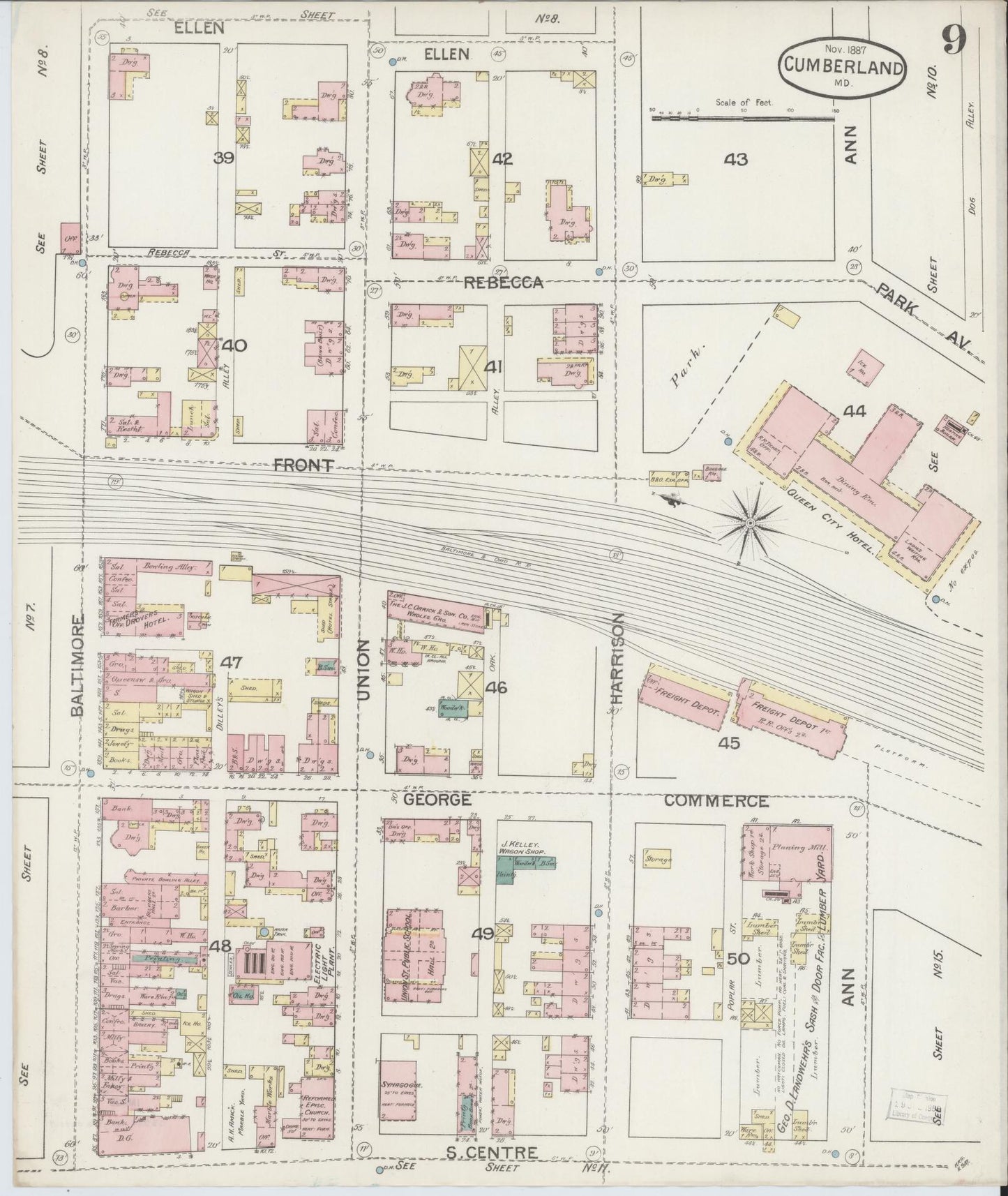 Sanborn Fire Insurance Map from Cumberland, Allegany County, Maryland (1887), Sheet #0009 - Historic Sanborn Fire Insurance Map Print, vintage old map wall art, antique decor, genealogy gift, Maryland Maryland map