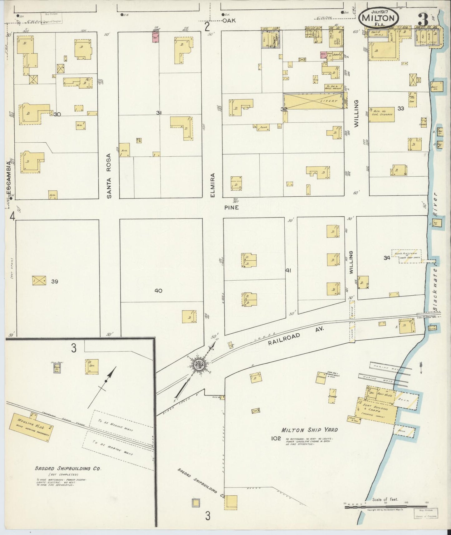 Sanborn Fire Insurance Map from Milton, Santa Rosa County, Florida (1917), Sheet #0003 - Historic Sanborn Fire Insurance Map Print, vintage old map wall art, antique decor, genealogy gift, Florida Florida map