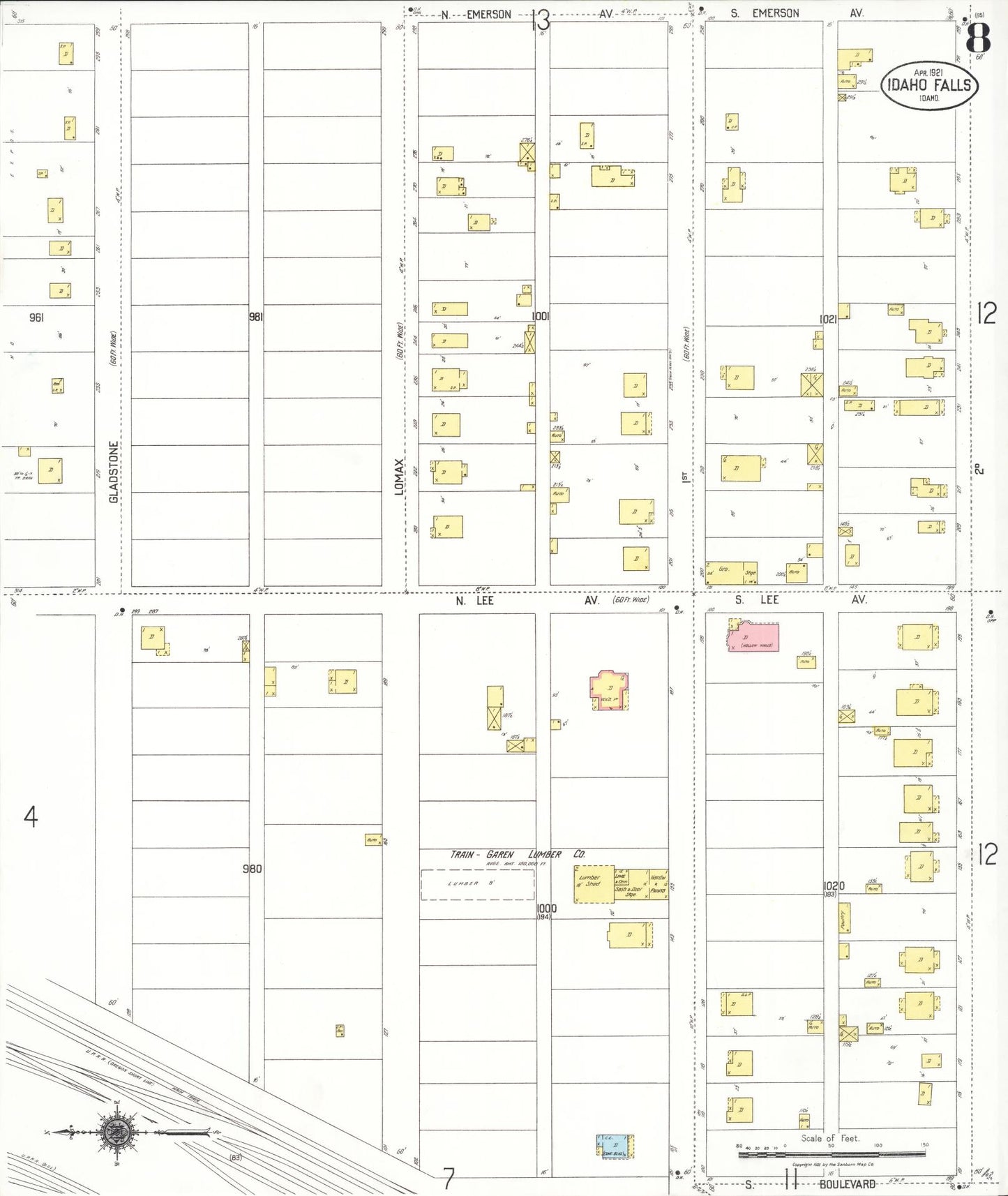 Sanborn Fire Insurance Map from Idaho Falls, Bonneville County, Idaho (1921), Sheet #0008 - Historic Sanborn Fire Insurance Map Print, vintage old map wall art, antique decor, genealogy gift, Idaho Idaho map