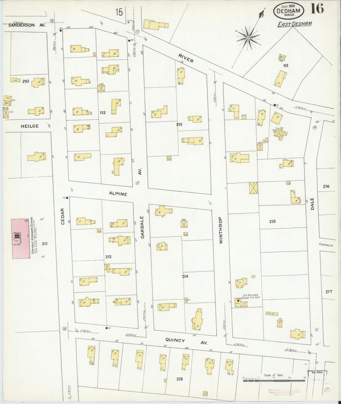 Sanborn Fire Insurance Map from Dedham, Norfolk County, Massachusetts (1909), Sheet #0016 - Historic Sanborn Fire Insurance Map Print, vintage old map wall art, antique decor, genealogy gift, Massachusetts Massachusetts map