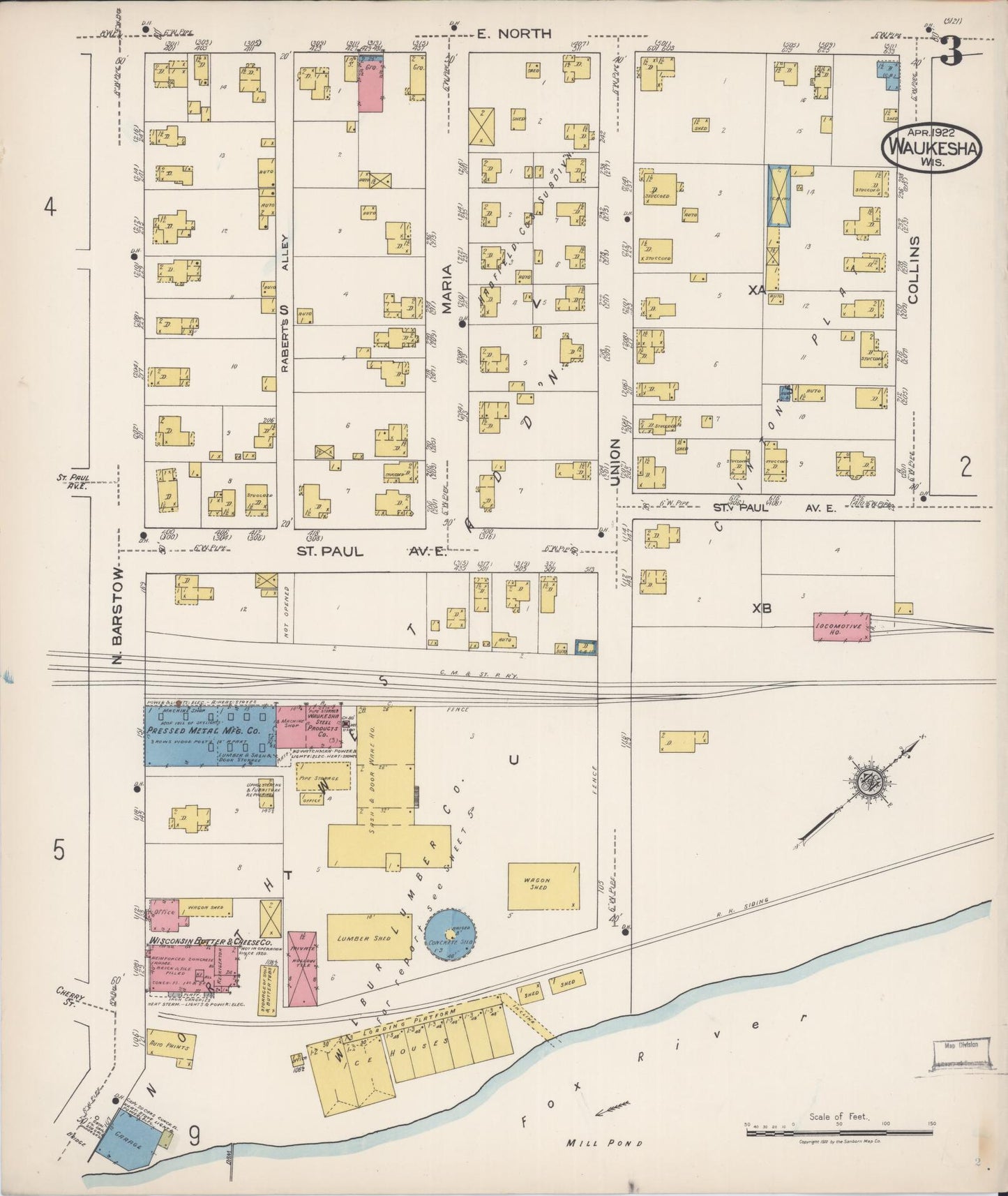 Sanborn Fire Insurance Map from Waukesha, Waukesha County, Wisconsin (1922), Sheet #0003 - Historic Sanborn Fire Insurance Map Print, vintage old map wall art, antique decor, genealogy gift, Wisconsin Wisconsin map